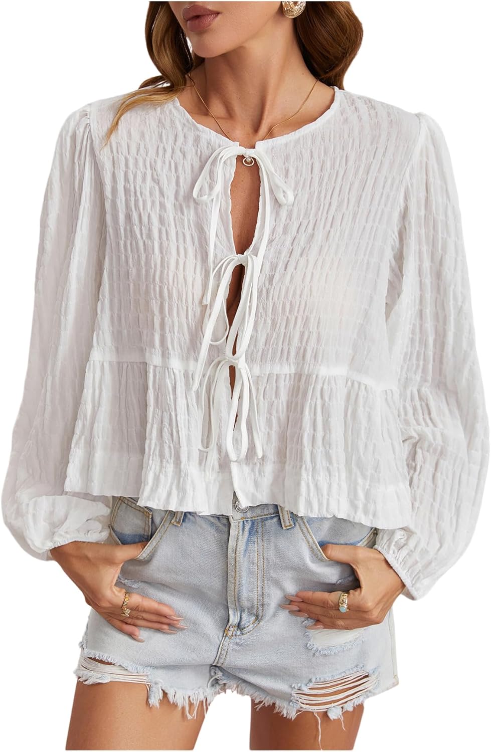 SHENHE Women's Bow Tie Front Lantern Sleeve Ruffle Peplum Blouse Going Out Babydoll Top Shirt