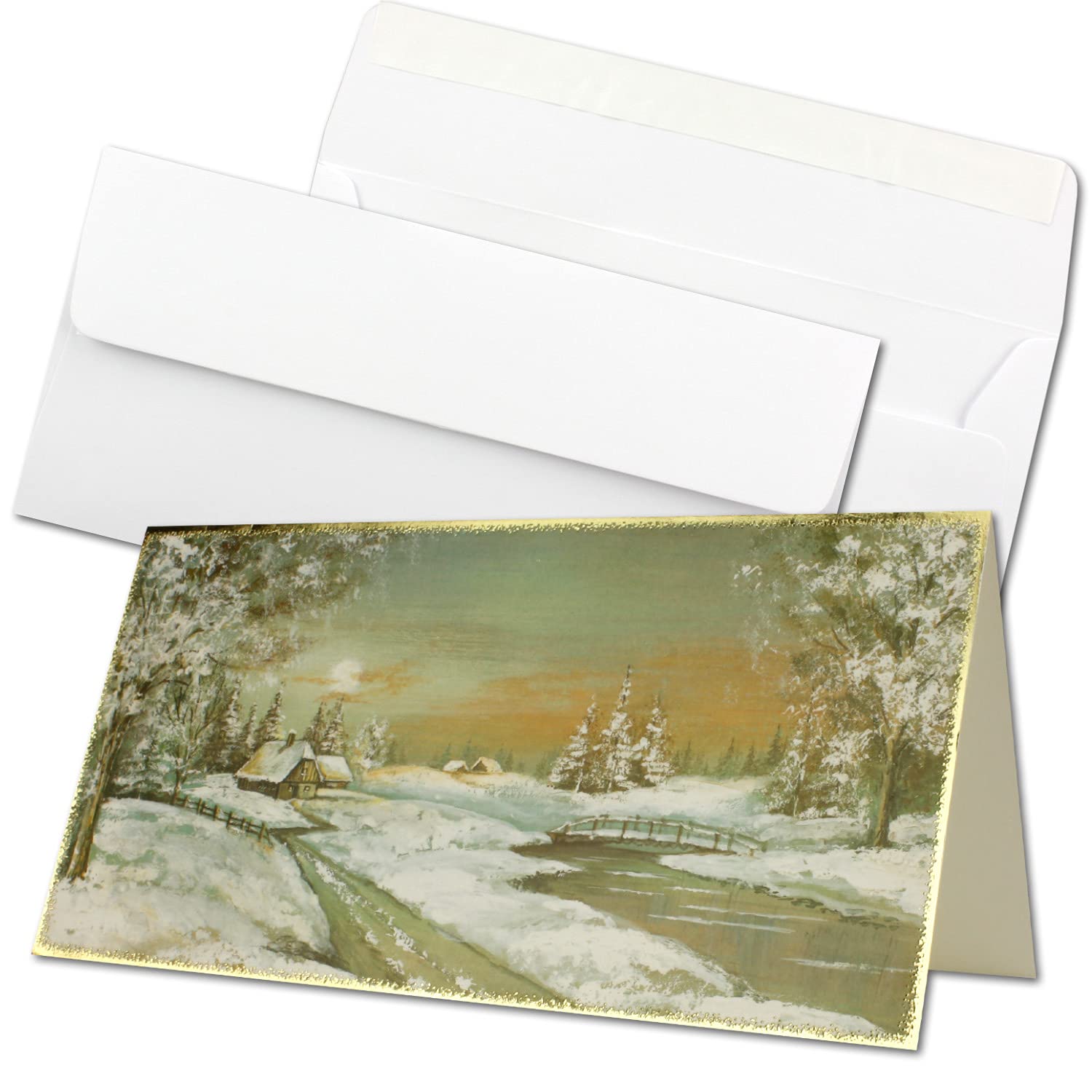 Set de 75 tarjetas de Navidad DIN largo en color crema con bonito paisaje invernal clásico – tarjetas plegables con sobres DIN largo blanco con adhesivo – saludos de Navidad para empresas y privadas
