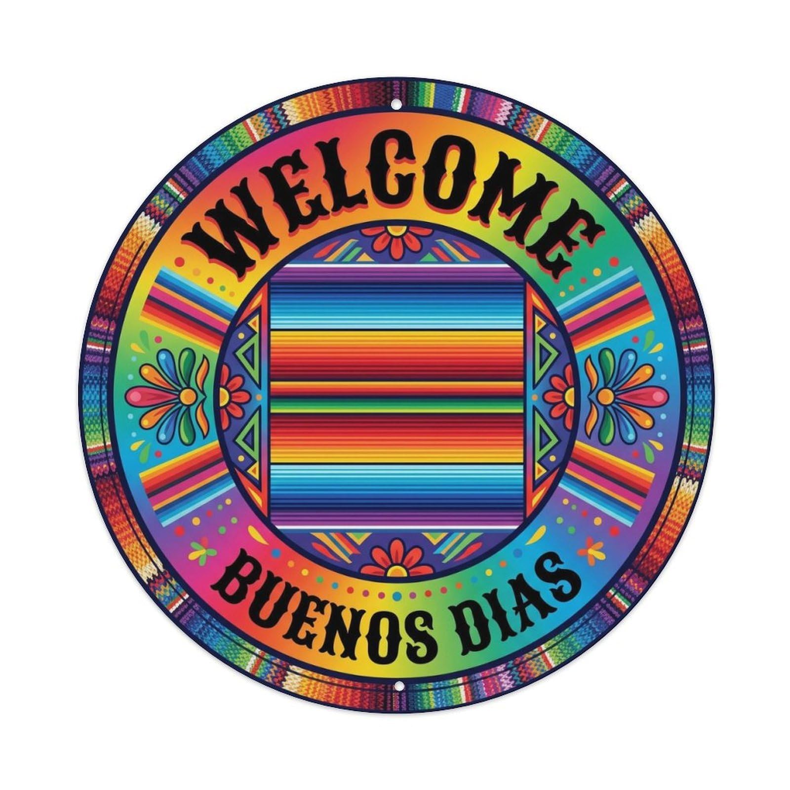 Welcome Colorful Ornament Metal Tin Sign Plaque Wall Decor for Cafe, Club, Garden Round Metal Poster 8x8Inch