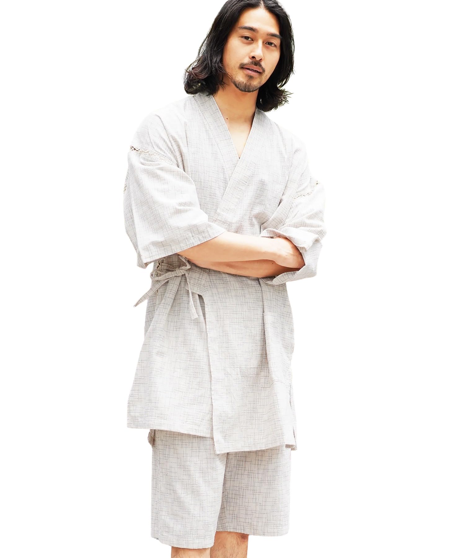 Men's Jinbei Generated Kuri Pattern Cotton Shijira Top Bottom Set Japan