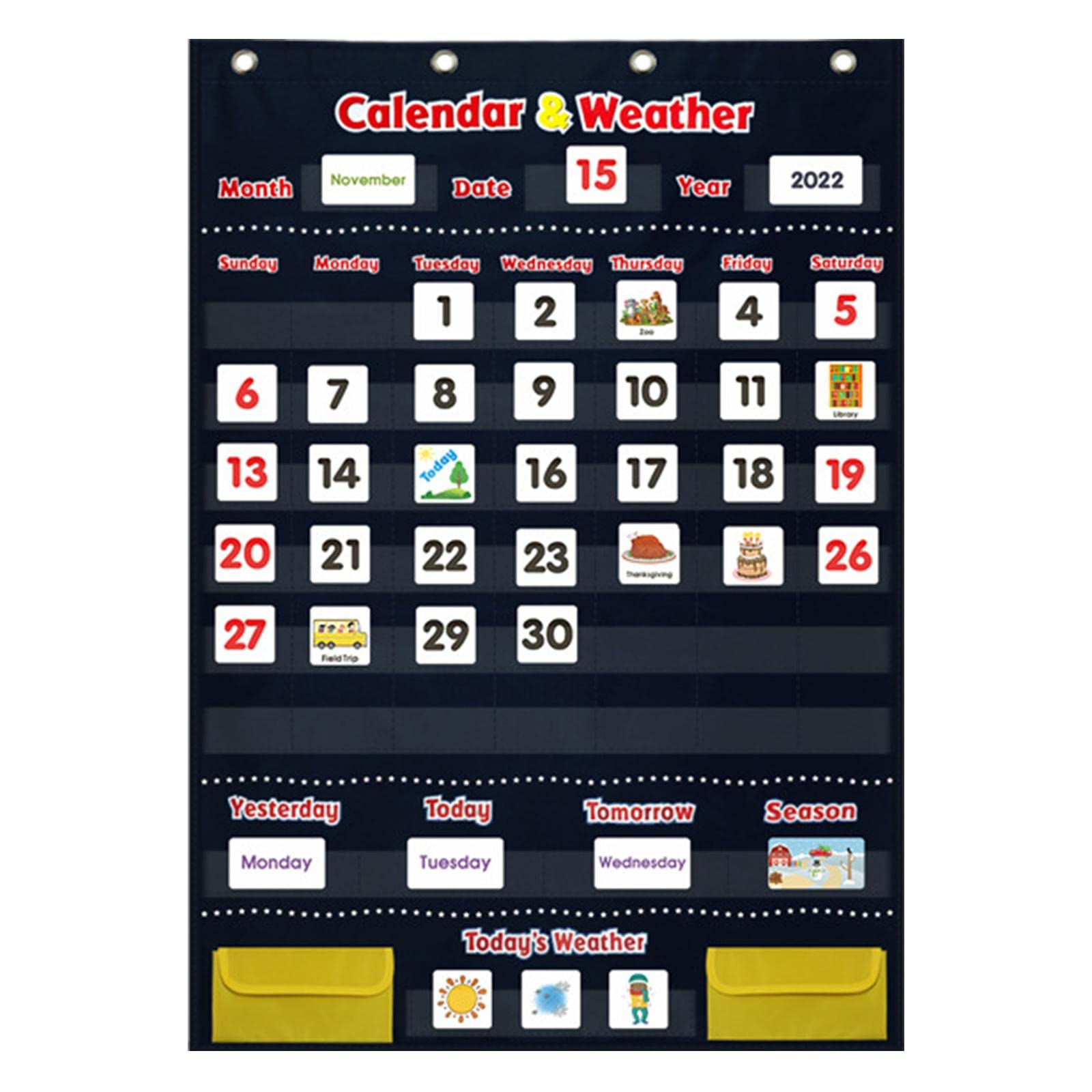Qianly Calendrier et Tableau Météo de Poche avec 142 Cartes et 4 Crochets pour Enfants de 4 à 8 Ans