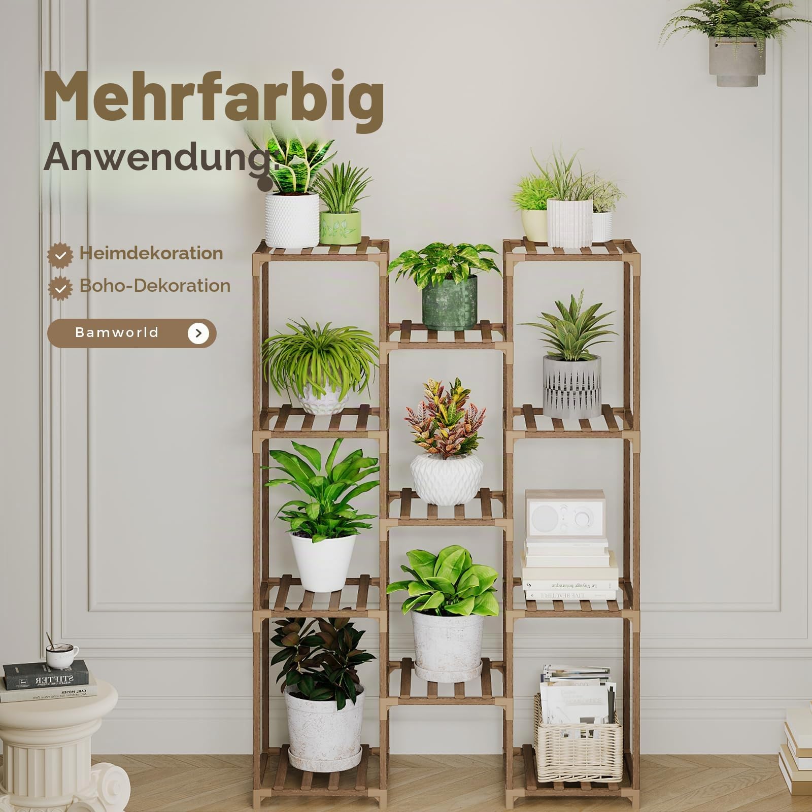 Bamworld Pflanzenständer Hoch Groß Pflanzenregale Halter Holz für Wohnzimmer Outdoor Pflanzenregal Indoor Mehrere Pflanzen Terrasse Balkon Garten