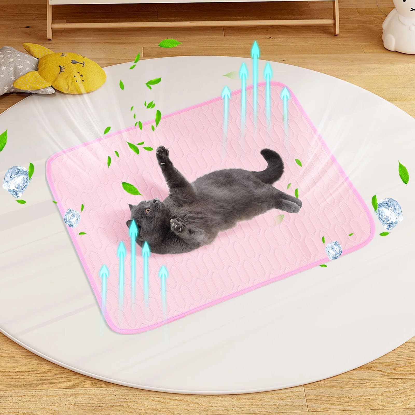 Dog & Cat Cooling Mat – Durable Washable & Reusable Pet Cool Mat for Home/Car/Travel, Non-Toxic Summer Cooling Bed, Ice-Silk Polyester Material, Non-Slip Mesh Bottom(Pink, 100 * 70cm)