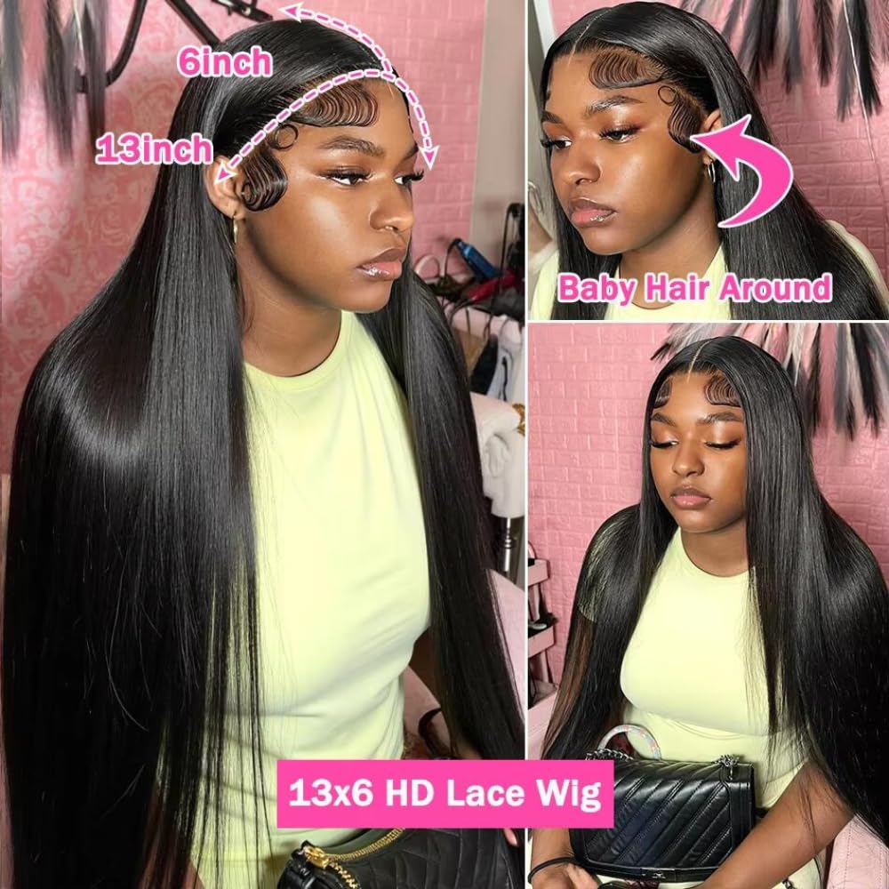 26 Inch 13x6 Straight Lace Front Wigs Human Hair 200 Density HD Lace Glueless Pre Plucked Frontal Wig for Women Natural Color