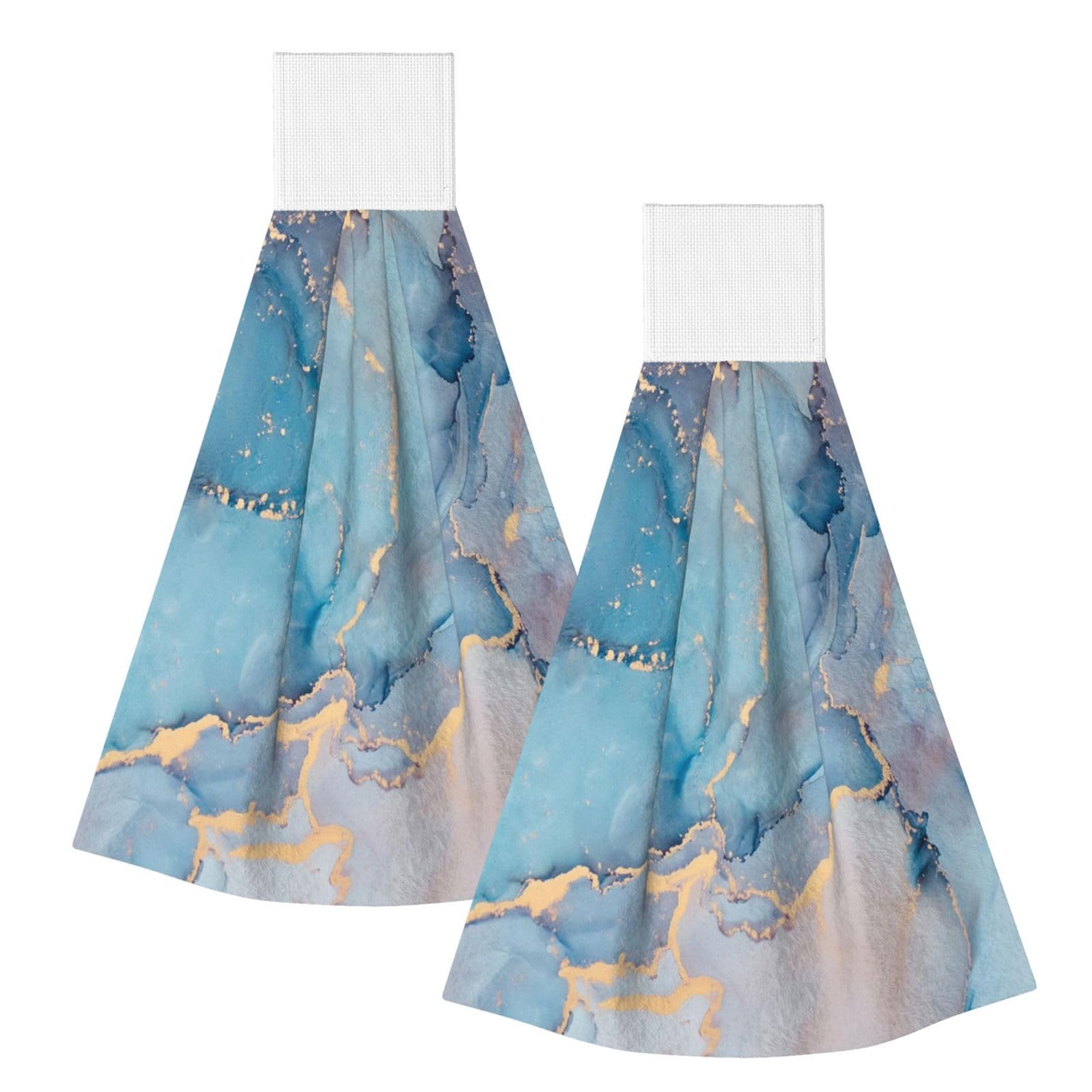 DOPKLNA Blue Gold Marble Texture Ocean Art, 2 Pcs Hanging Coral Fiber Hand Towels for Bathroom, Absorbent Kitchen Towels