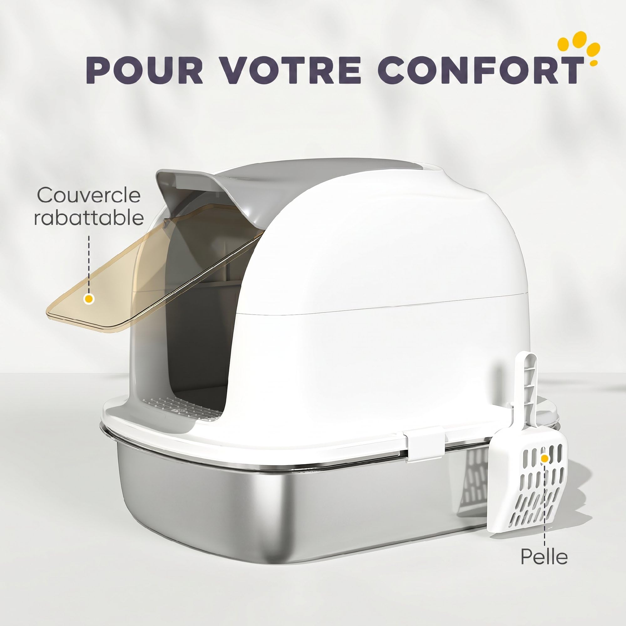 PawHut Bac à Litière pour Chat en Acier Inoxydable XL avec Couvercle Blanc