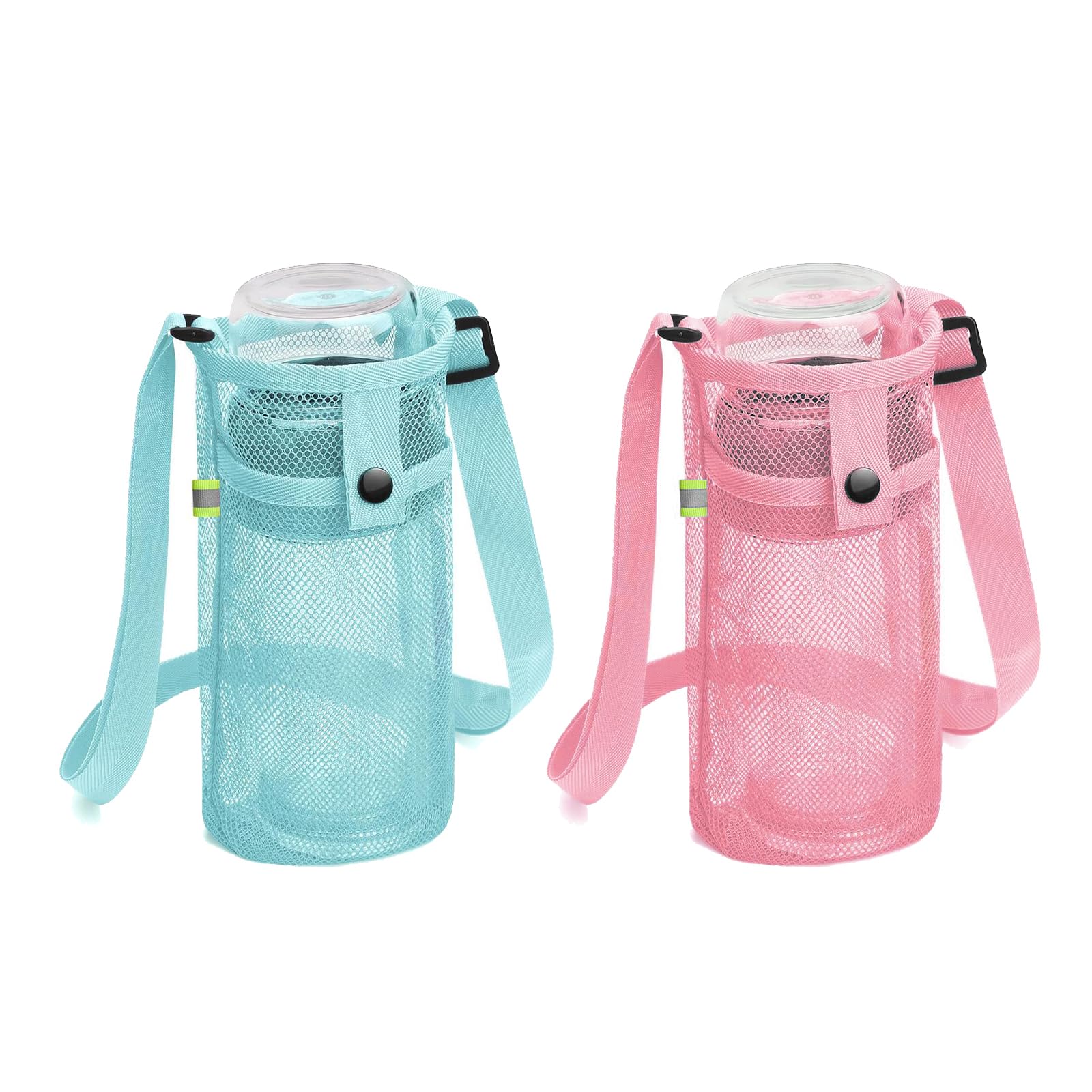 Pack of 2 Water Bottle Holders, Mesh Water Bottle Covers, Mesh Water Bottle Case, with Adjustable Shoulder Strap, Lightweight Sling Water Bottle Bag Sleeves for Sports, Hiking, Camping (Pink, Light