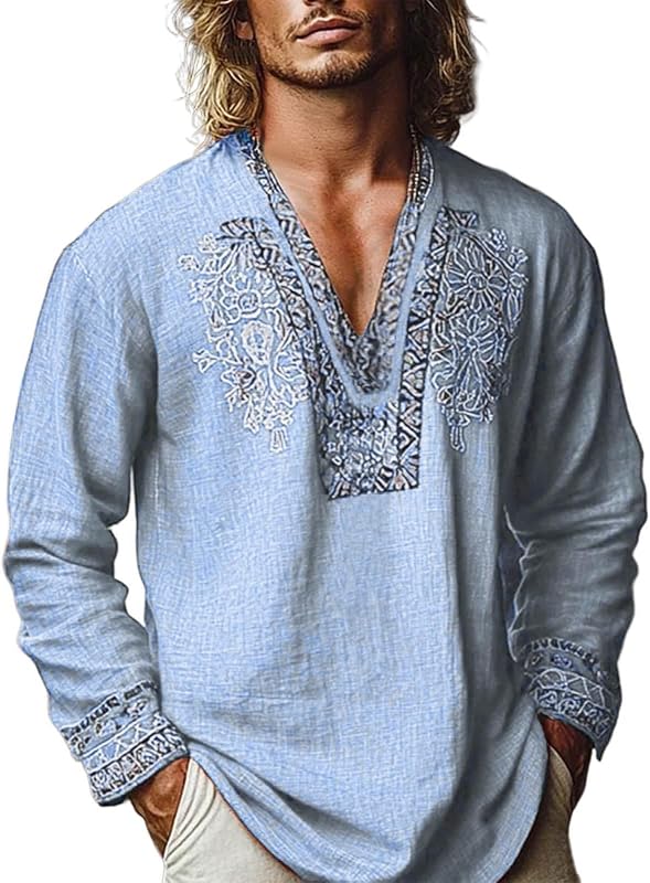 V Neck Linen Shirt for Men Boho Print Flowy Blouse Long Sleeve Tops | Belly hiding loose fit adds easy coverage, V neck opens the neckline for warm days, for daily wear and casual work