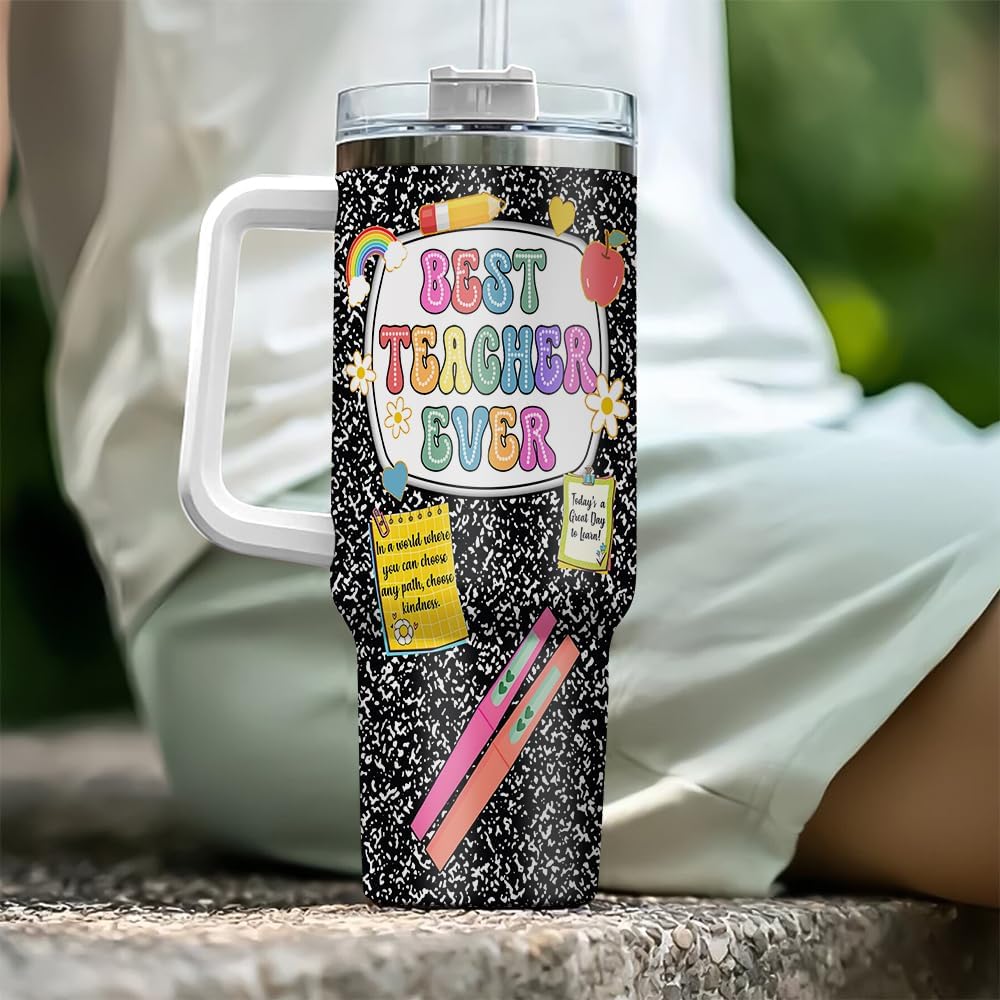 Teacher Composition Notebook Tumbler 40 oz Stainless Steel with Handle Lid and Straw, Coffee Teachers Appreciation Gift for Men Women on Back to School, Graduation Birthday - Image 4