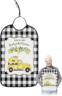 BOBOWUNY Summer Lemon Truck Adult Bibs for Elder Women Men Eating, Rustic Black Plaid Spring Floral Waterproof & Washable Bibs for Eating Clothing Protector Dining Bibs for Crumb Catcher