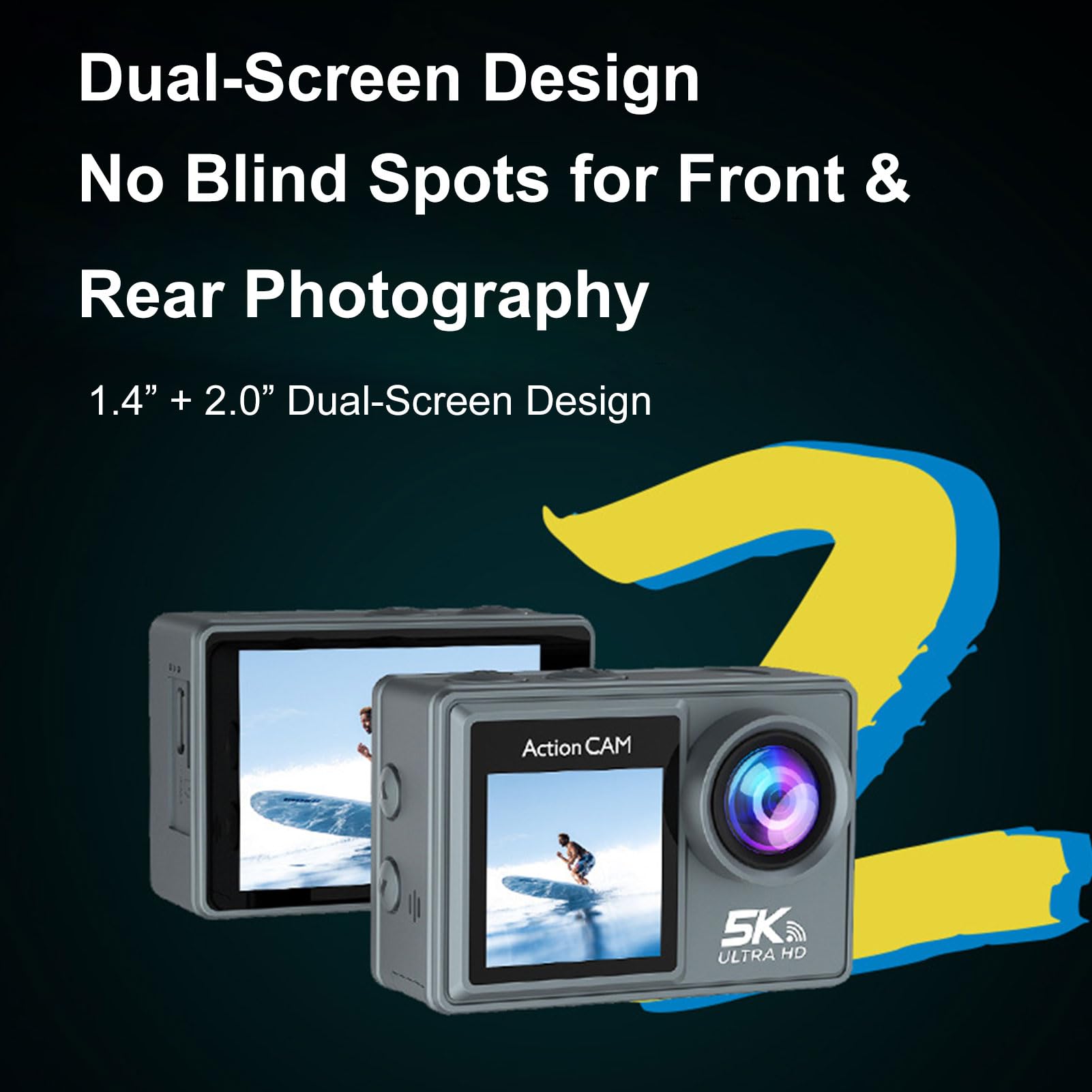 Andoer Action Camera WiFi 5K Ultra HD Dual Screen grandangolare 170°, stabilizzazione a 6 assi, fotocamera subacquea 30M con microfono senza fili