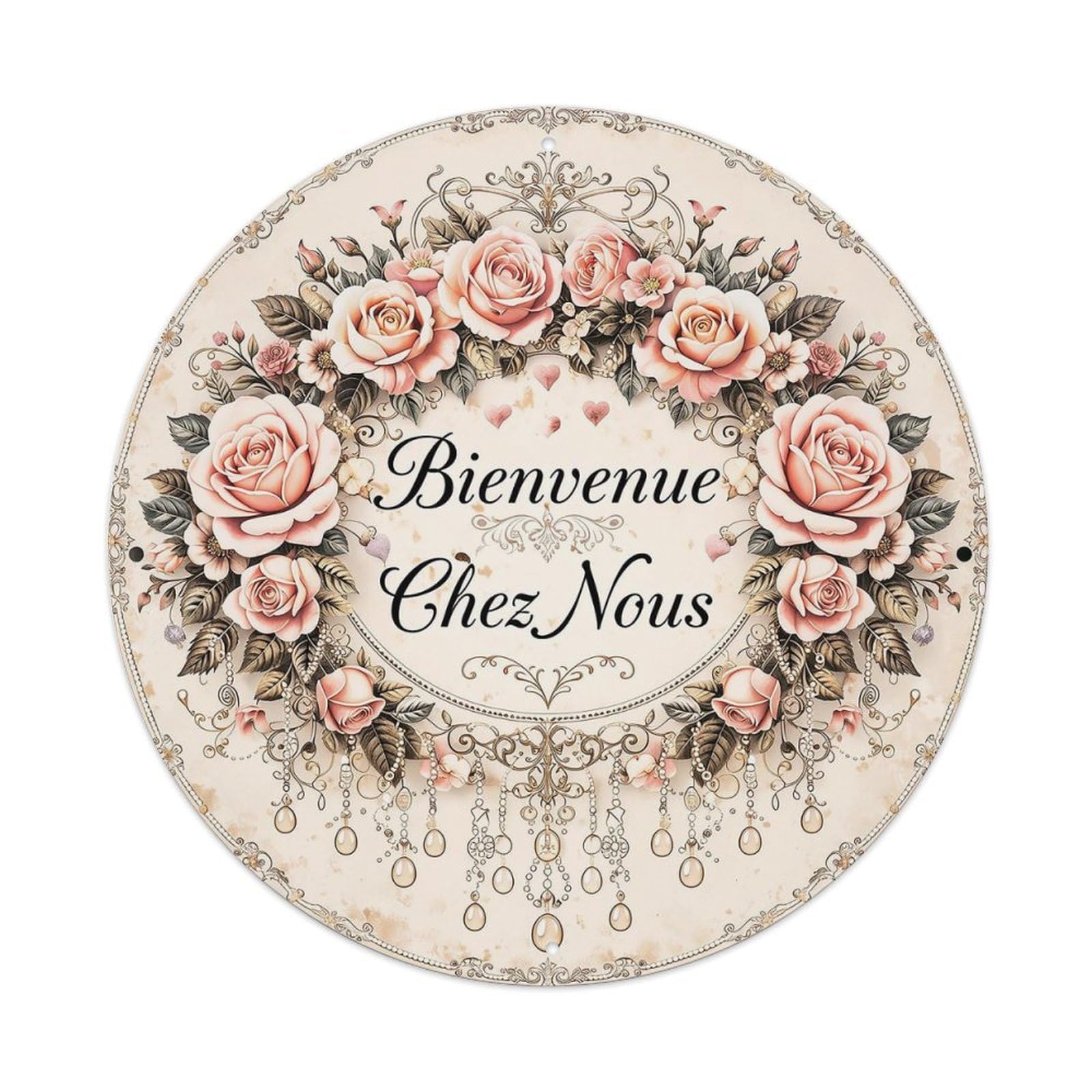 Floral Rose Wreath Welcome Sign Vintage Round Tin Sign Retro Metal Wall Decor Metal Poster, Home Bar Garage Cafe Wall Art Decoration 8x8Inches