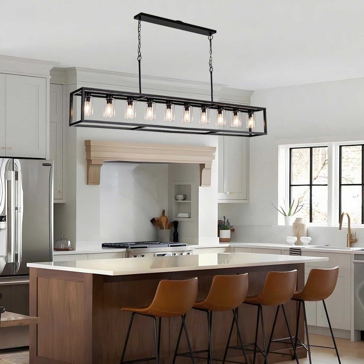 Farmhouse Dining Room Light Fixture Kitchen Island Pendant Lighting Rectangle Black Dining Room Lighting Fixture Modern Pendant Contemporary Chandeliers with Glass Shade Adjustable (10 Light)