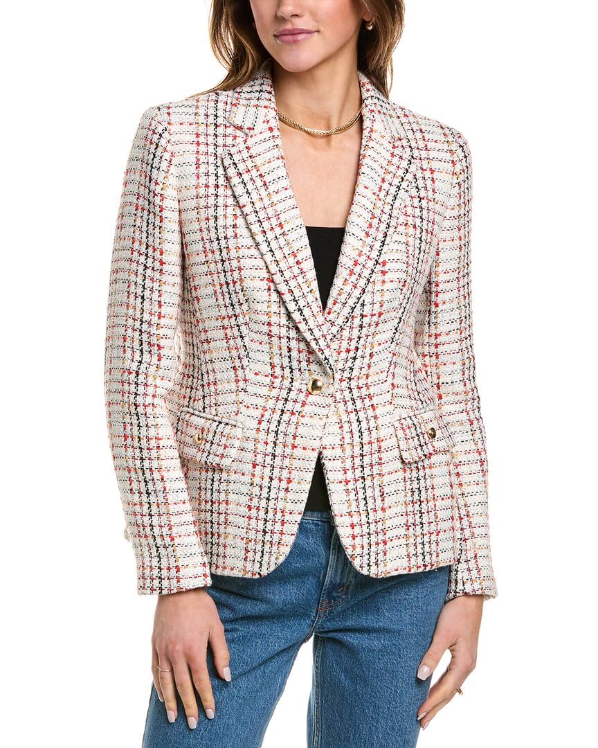 Anne Klein Womens Plaid Tweed One Bttn Notch Collar Jacket