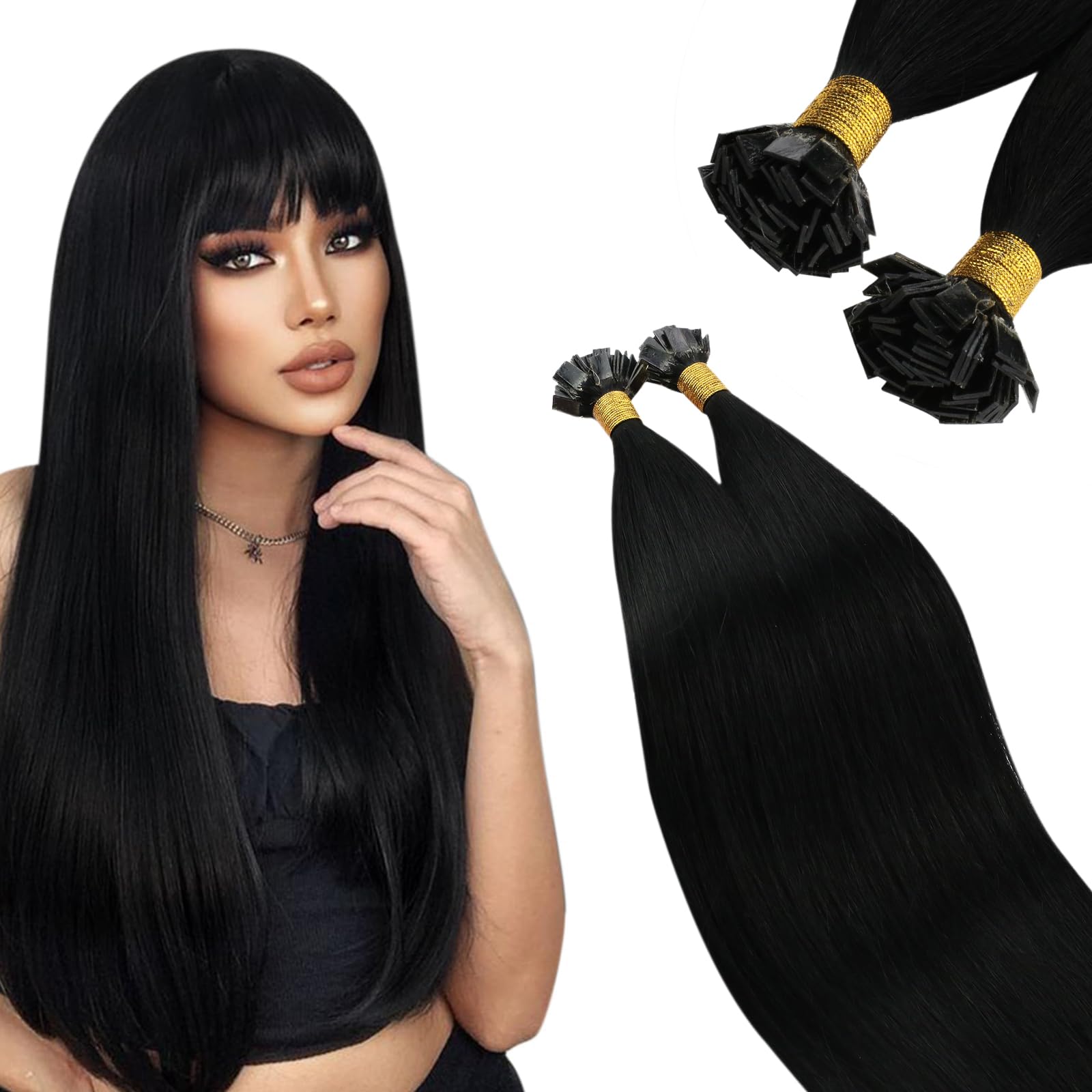 Ugeat Black Flat Tip Hair Extensions Human Hair Jet Black Keratin Tip Extensions Ktips By Hot Fusion to Add Length and Volume for Women Long 22 Inch