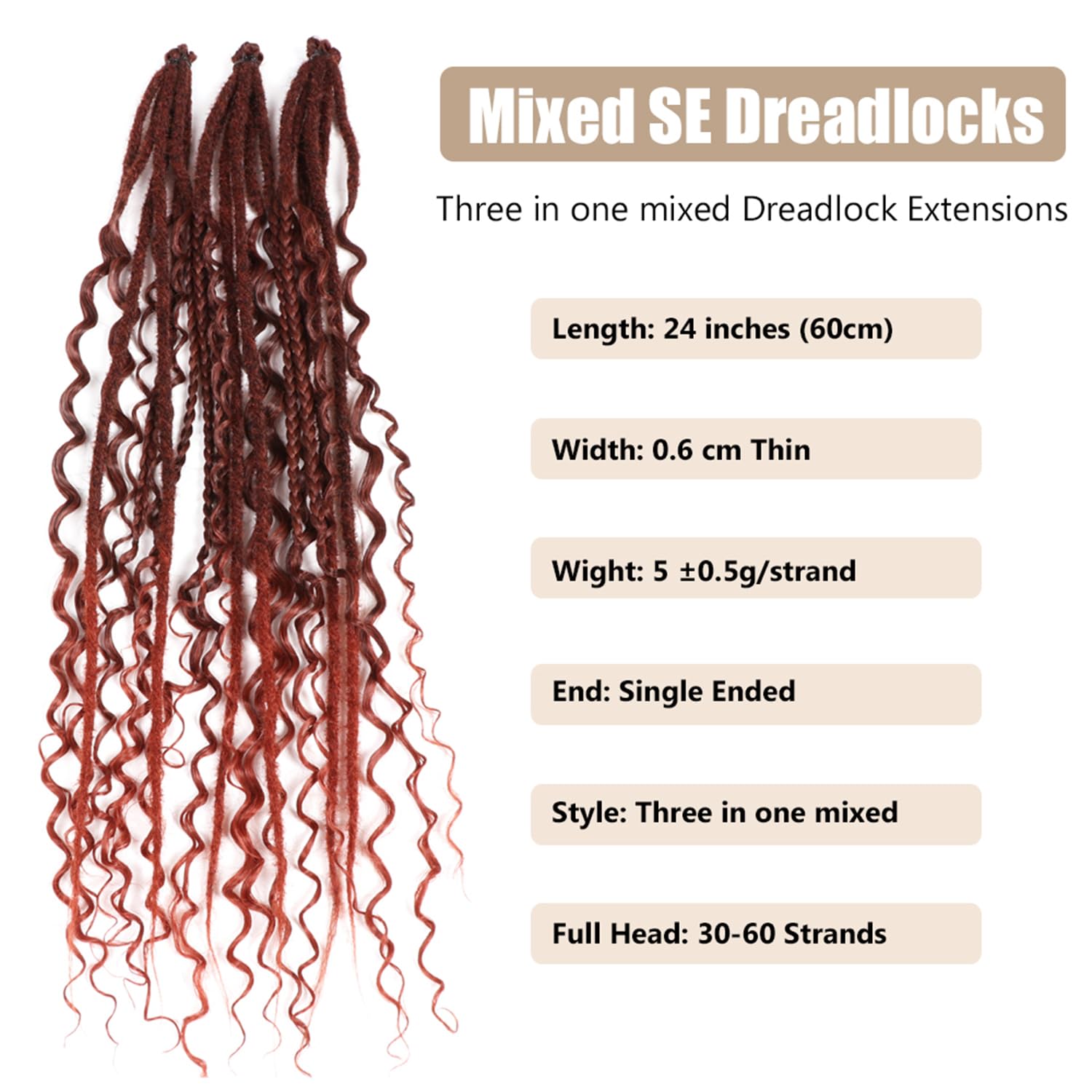 24 Inch Synthetic Dreadlock Extensions Hippie Single Ended Dreads 0.6 cm Width Loc Extensions Reggae Style Crochet Hair for Women (T1B/350 - Image 2