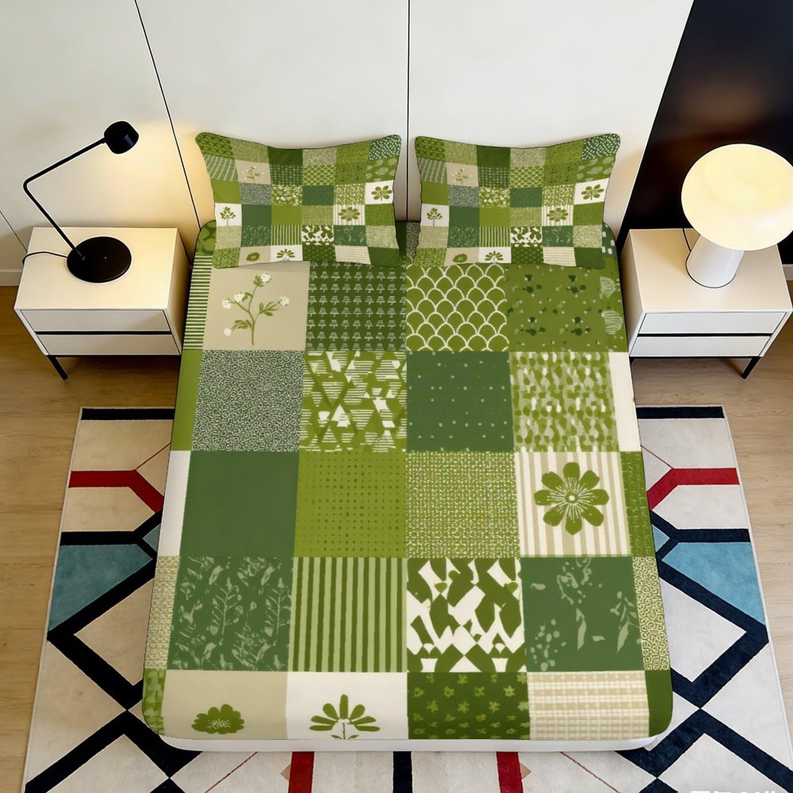 3D Printed Patchwork Green Fitted Sheet Microfiber Soft Breathable Botanical Bed Cover for Bedroom Guestroom Decor 90x200x25cm