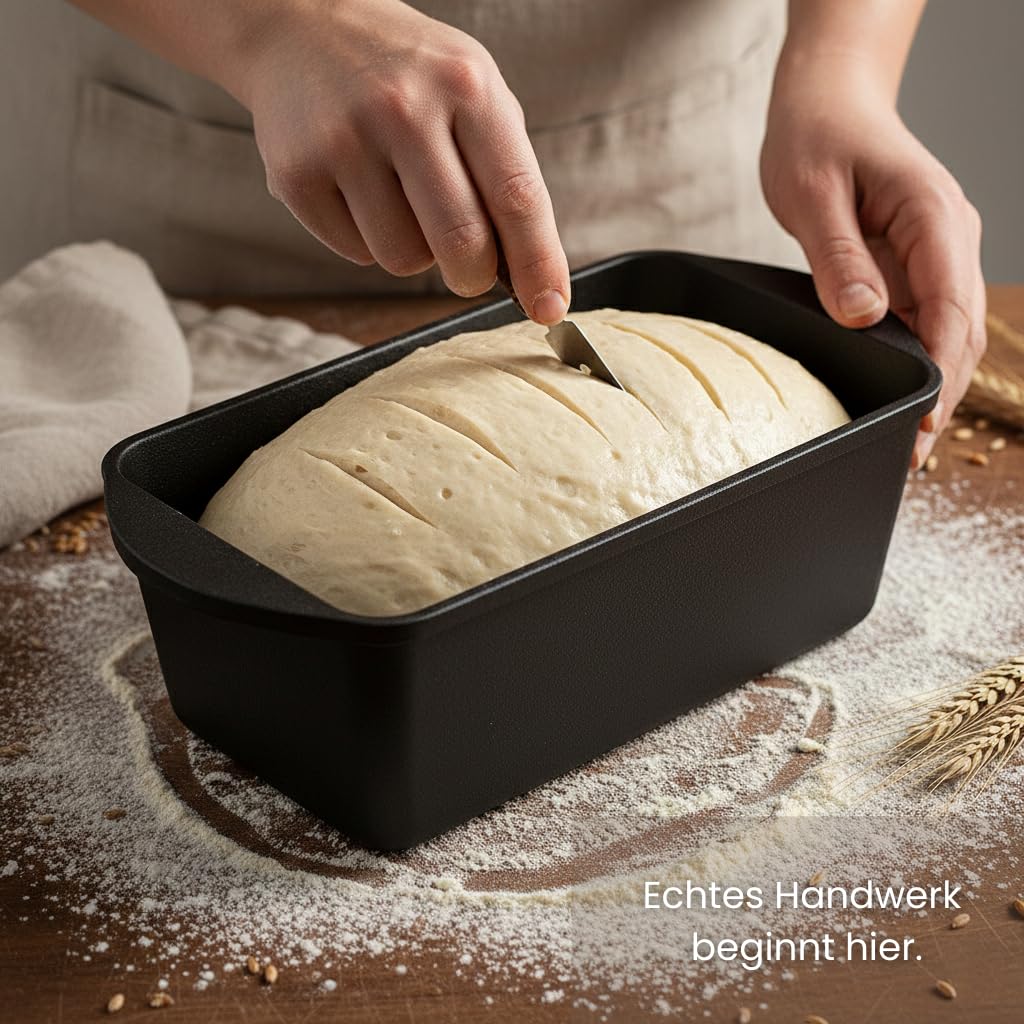XENIA Brotbackform mit Deckel 28cm - Inkl. Silikongriffe - Gusseisen Kastenform für Brot & Sauerteig - 3L Dutch Oven & Bräter rechteckig - Brottopf für Induktion & Backofen geeignet