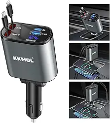 KKMOL Carregador retrátil para carro, 4 em 1, rápido de 100 W, com 2 cabos e tela de tensão de porta tipo C, compatível com iPhone 15Pro Max/14/13/12/11, Galaxy S23/S22