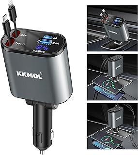 Kkmol carregador retrátil para carro 4 em 1 rápido de 100 w com 2 c