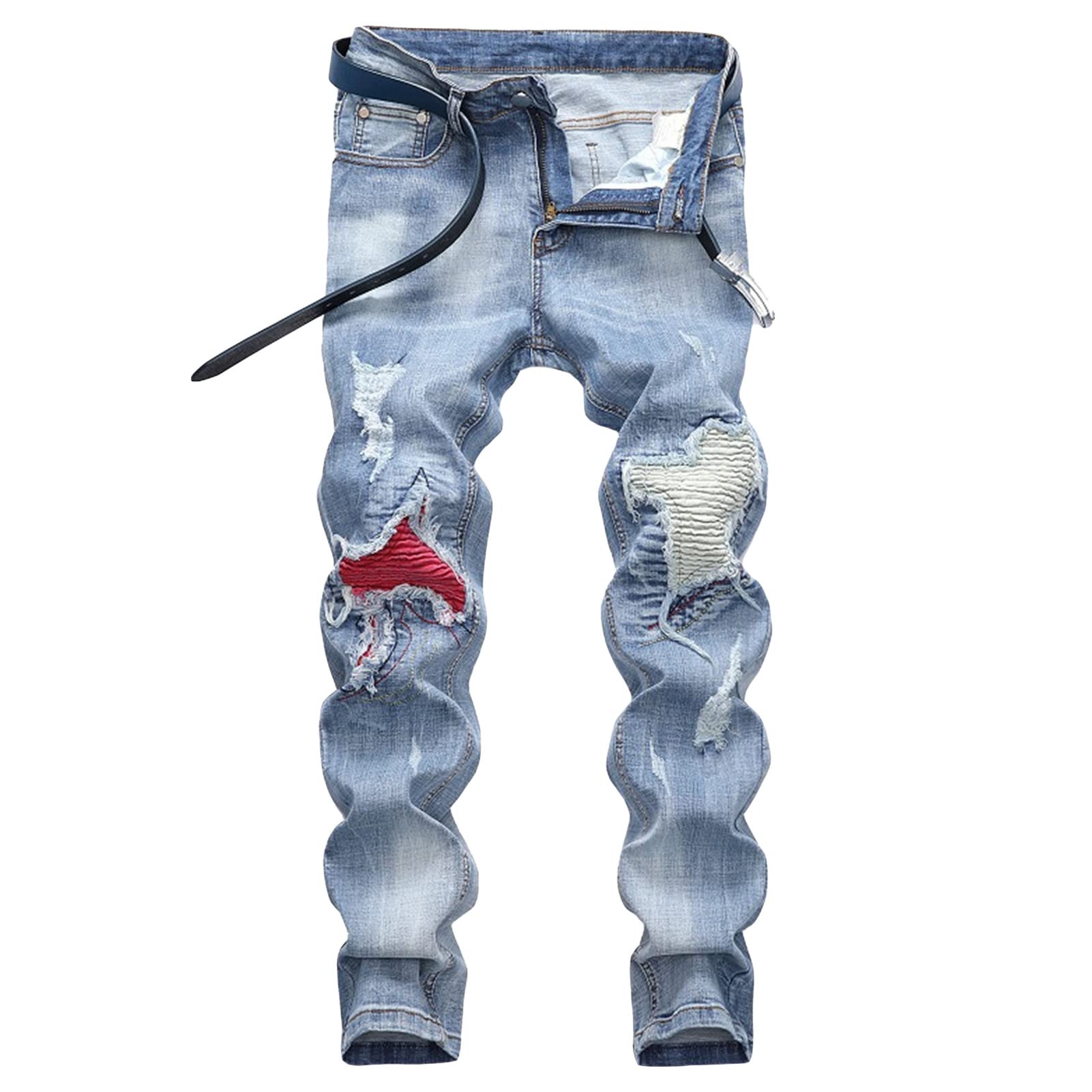 Jeans breaking hole patchwork à design asymétrique et patch à la fourche coupe droite - 8
