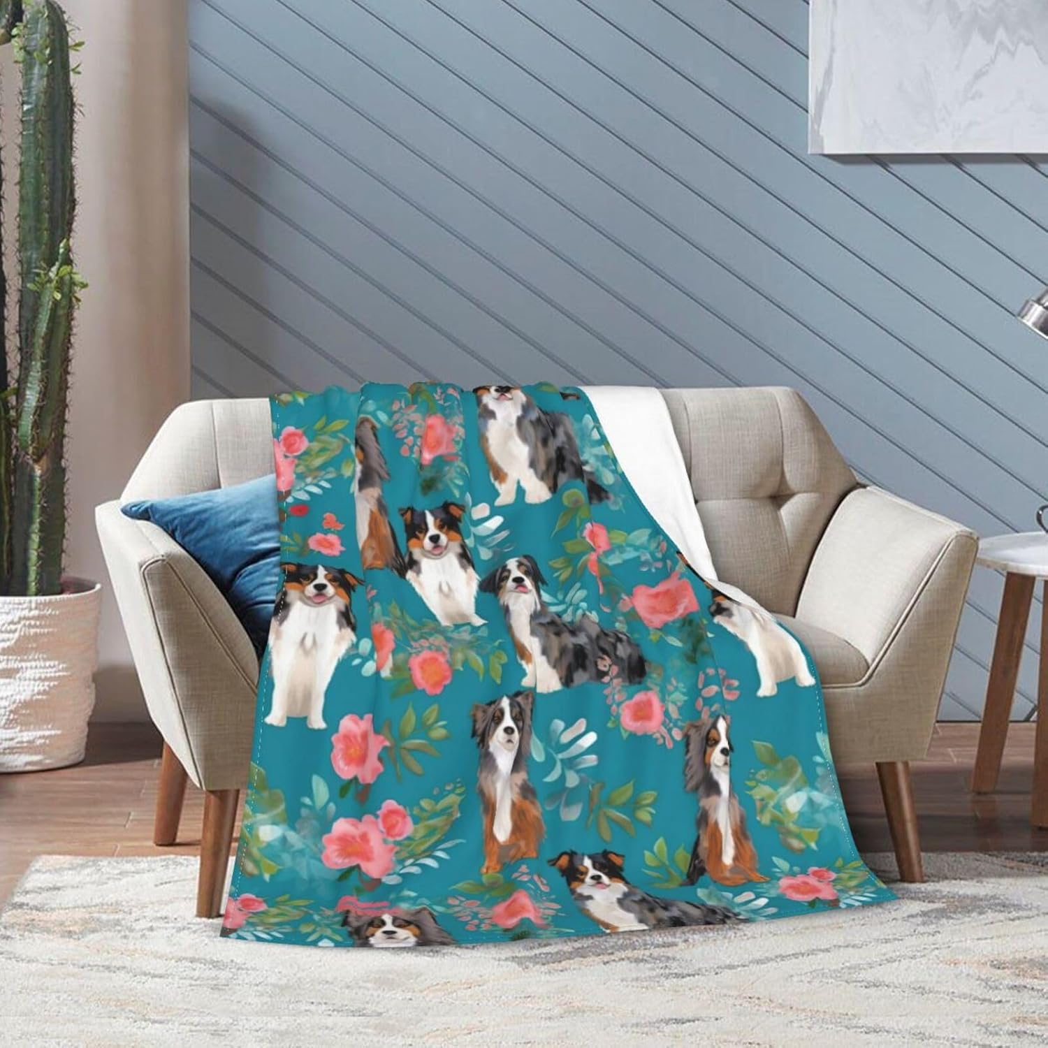 Australian Shepherd Dogs Flowers Fleece Throw - Lightweight, Super Soft, Cozy Bed - Warm Blanket for Living Room/Bedroom - All Season (50"x40") - Image 4