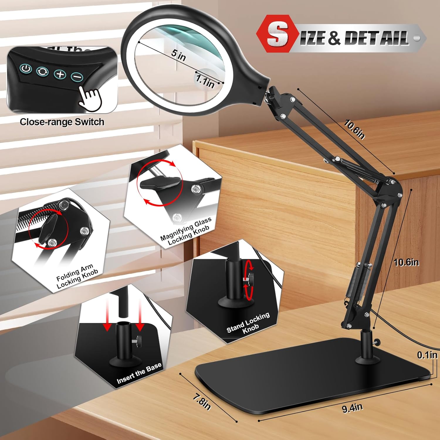 NZQXJXZ 10X 30X Large Magnifying Glass with Light and Stand, 5-inch LED Lighted Magnifier, 3 Color Modes Stepless Dimmable, Hands-Free Magnifying Glass Desk Lamp for Reading Craft Hobby Close Work