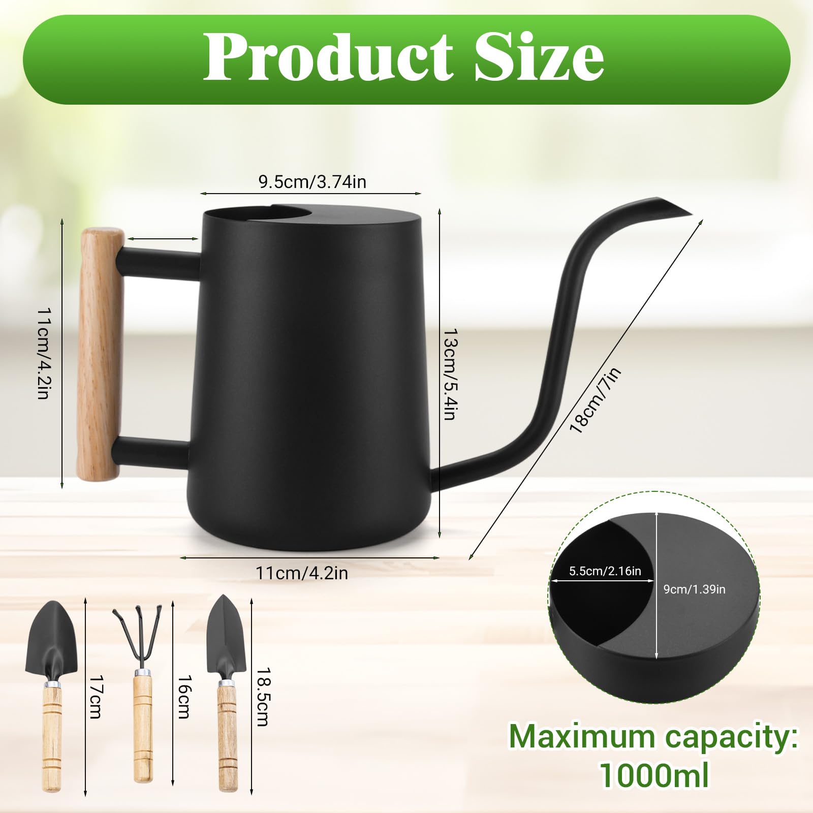 Regadera Pequeña de 1L,Regadera para Plantas de Interior con Caño Largo y Pequeñas Herramientas de Jardinería,Mango de Madera,Regaderas de Acero Inoxidable para Plantas en Maceta y Suculentas