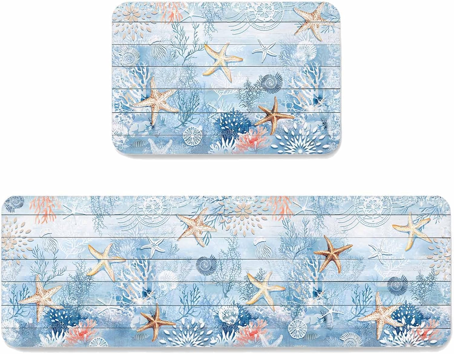 Prime Leader Sea Animals Kitchen Mat Set 2 Pieces Summer Ocean Beach Starfish Coral Wood Board Non Slip Kitchen Rugs Washable Runner Rug Mats for Sink Laundry (23.6" x 35.4"+23.6" x 70.9")