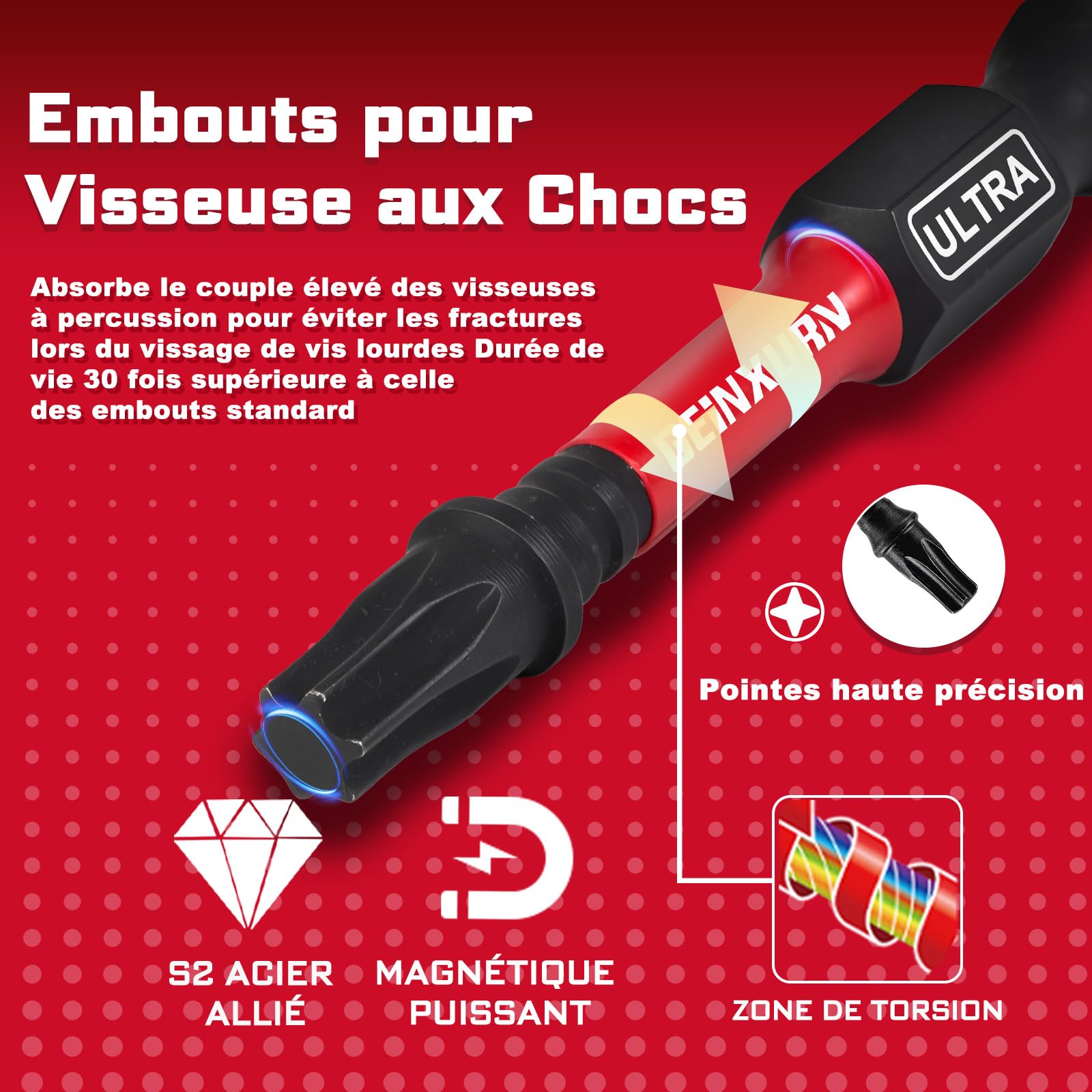 GEINXURN 51 Pièces Jeu d'embouts de Vissage Torx T7-T40 aux Chocs de 25/50/75/150 mm, Embout pour Tournevis en Acier S2 avec Porte-embouts Magnétiques de 75 mm Long et Boîte de Rangement