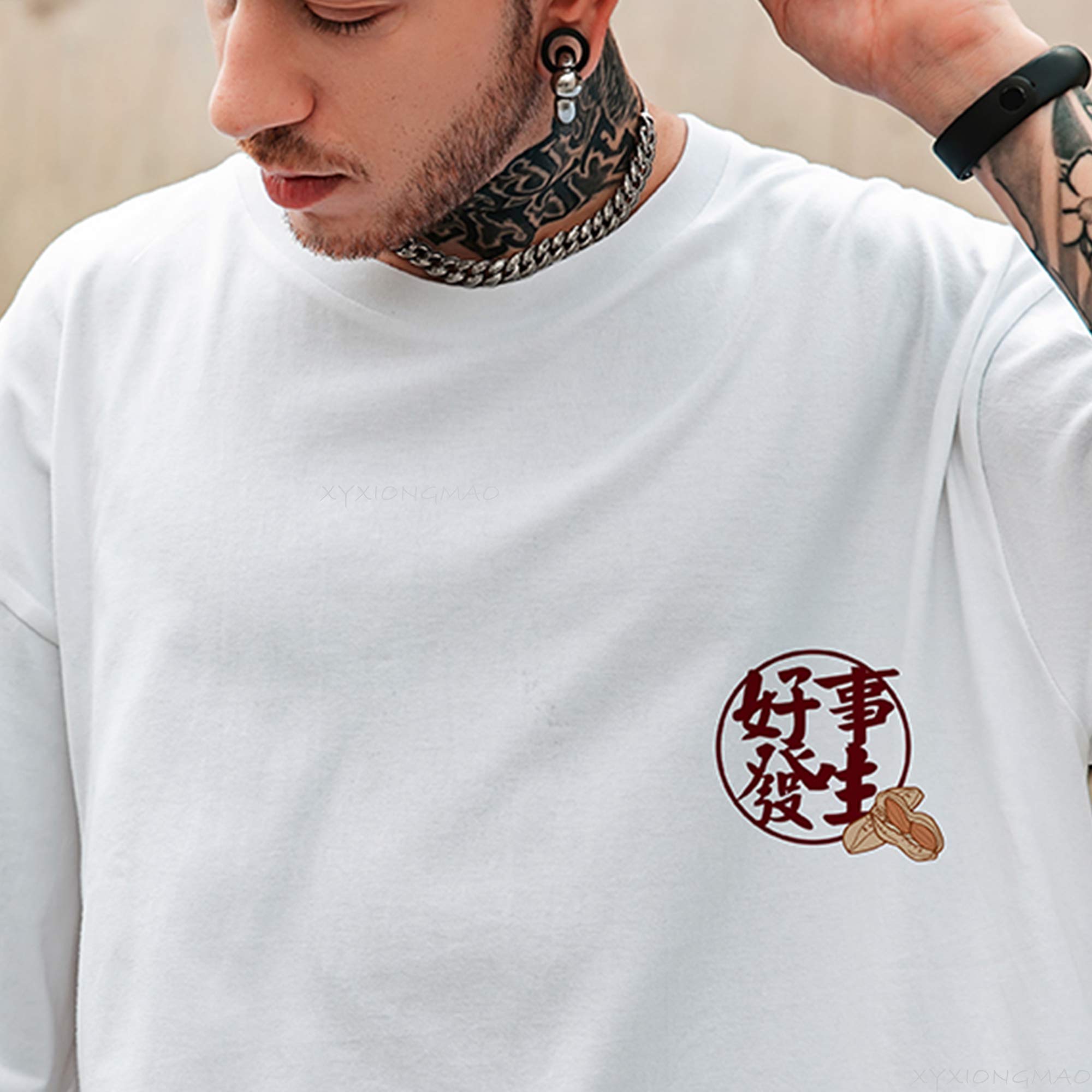 XYXIONGMAO T-shirt casual bianca con stampa grafica Kanji giapponese, unisex, streetwear, hip hop, maglietta da uomo