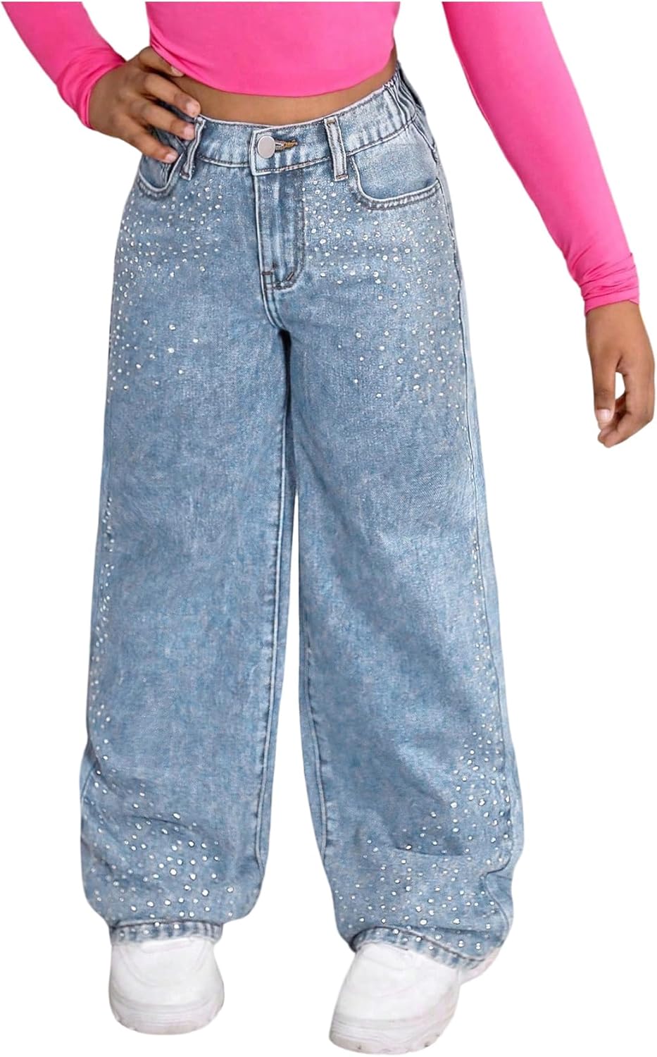 WDIRARA Girl's Rhinestone High Waisted Wide Leg Jeans Baggy Denim Pants with Pockets