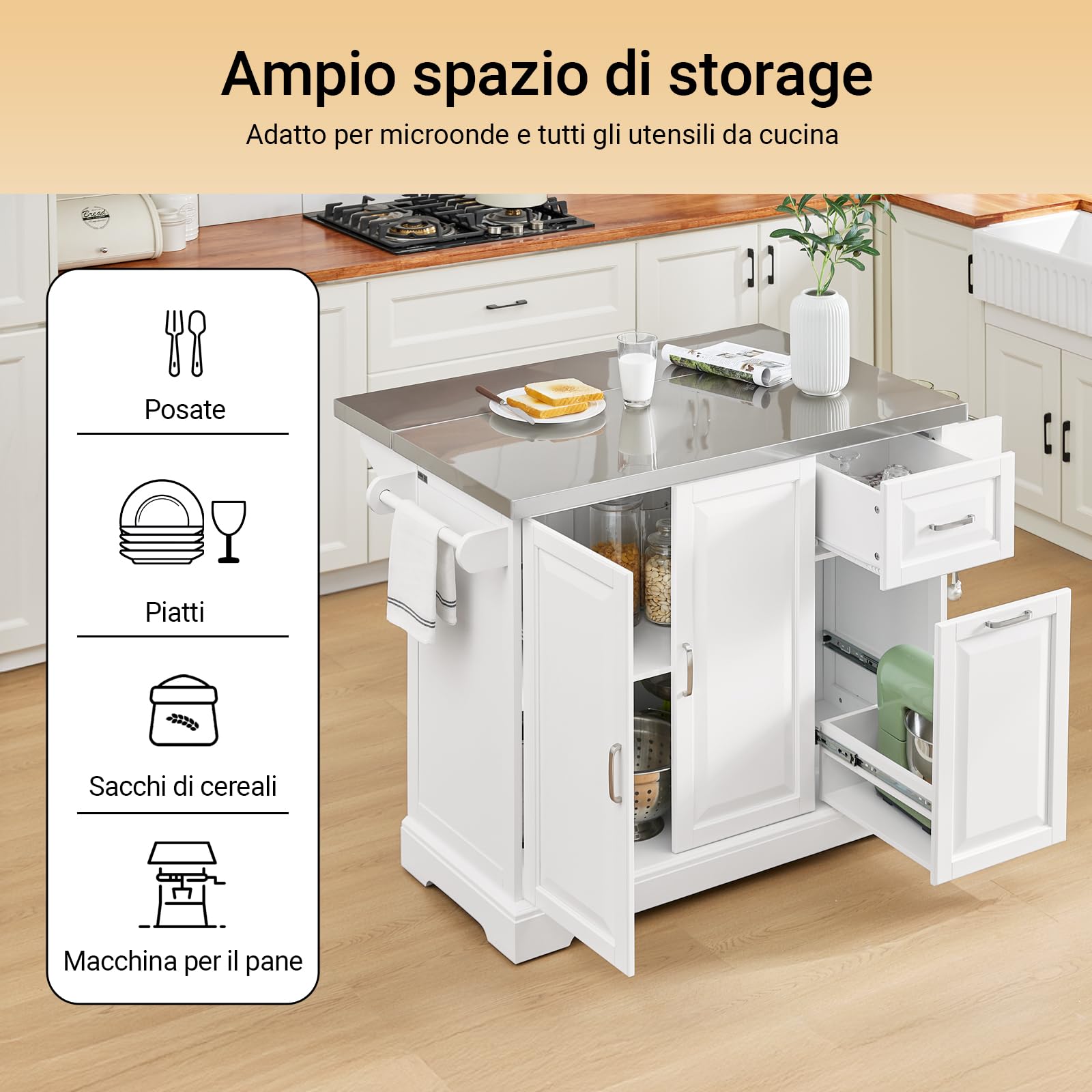 SoBuy Isola Cucina su Ruote con Piano di Lavoro Estendibile, Mobiletto Salvaspazio, Carrello da Cucina con Ruote, con Due Cassetti e Ripiano Regolabile 130 x 46/71 x 91cm Bianco FKW128-ST