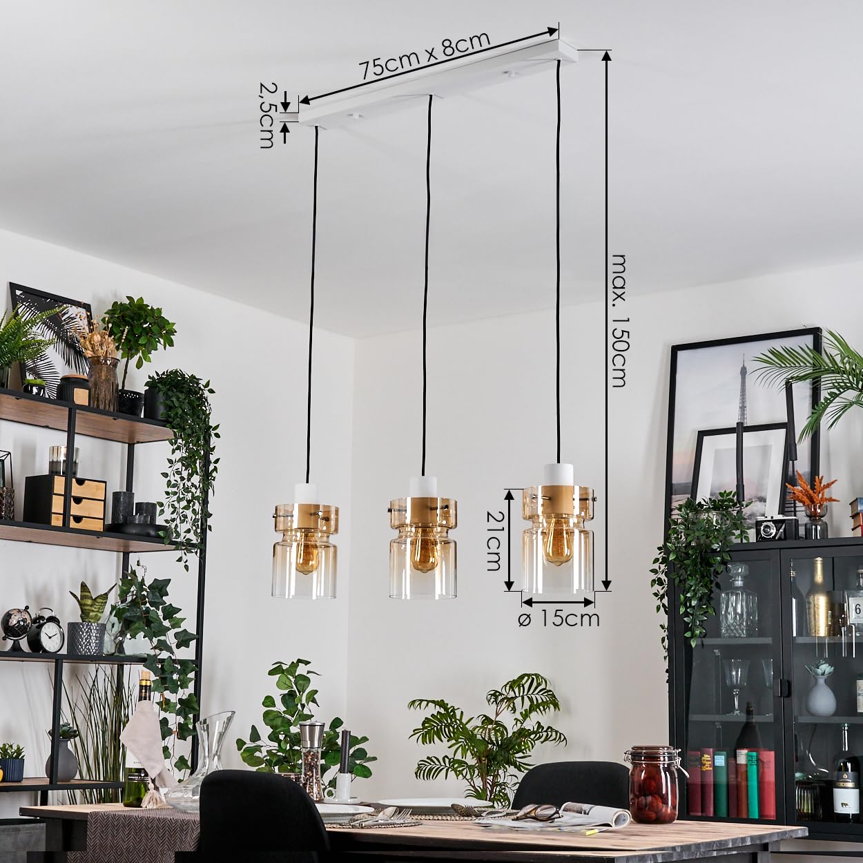 Lámpara de techo HOFSTEIN Hasvik, 3 luces de metal/vidrio en blanco/ámbar/claro, diseño retro/vintage (Ø 15 cm), E27, lámpara de techo ajustable hasta 150 cm, comedor, sala de estar, cocina