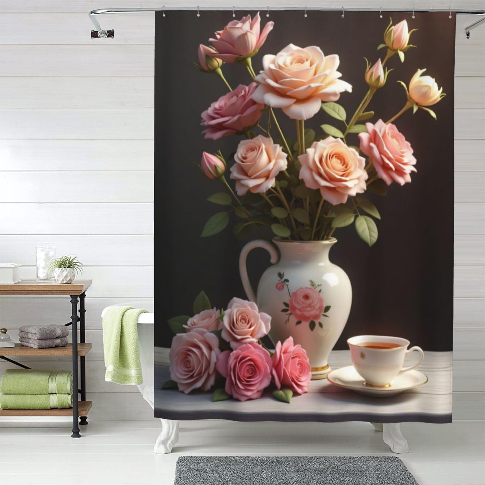 Rideau de douche rose 152x183 cm en tissu opaque avec crochets inclus pour salle de bain n°507