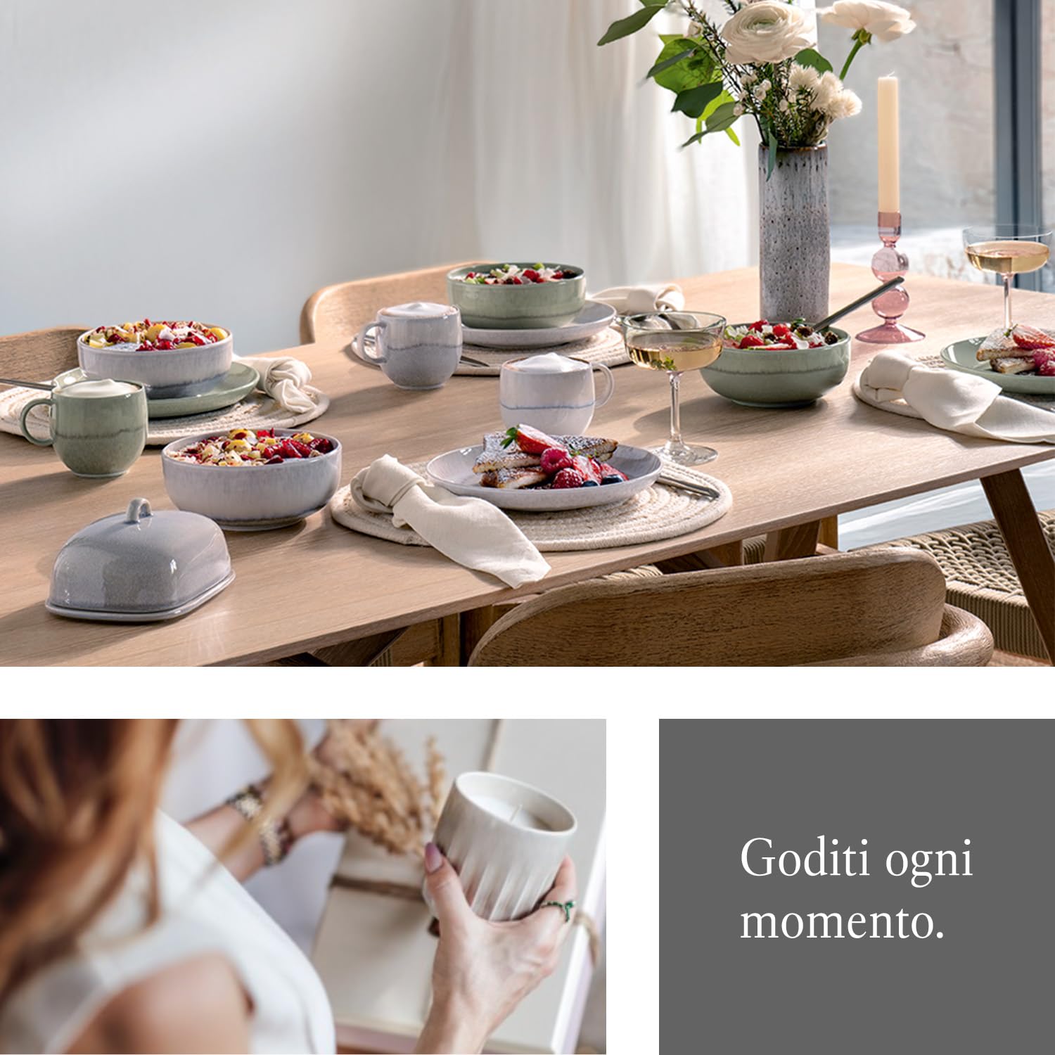 like. by Villeroy & Boch – Perlemor set di stoviglie in porcellana, 6 pz., look pottery, servizio da colazione per 2 persone