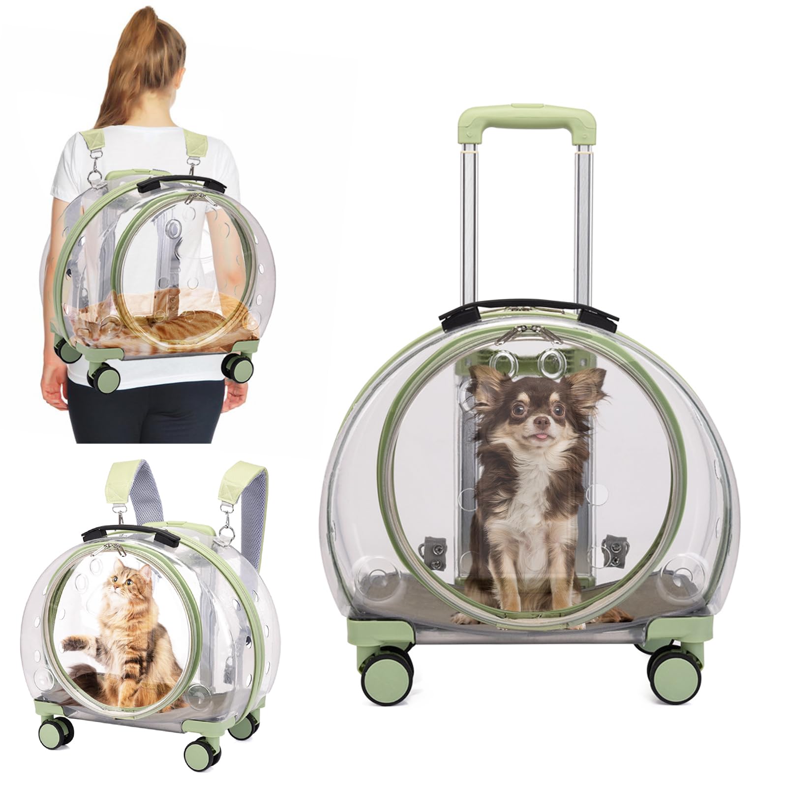 Transparent & Fully Breathable Pet Carrier Backpack with Trolley Wheels for Dogs, Cats,Portable Cat Carrier Backpack with Removable Mat, Multiple Carrying Options for Traveling Outdoor