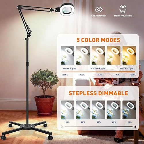 Miniatura 6 de KIRKAS Lupa de piso grande 12X con luz y soporte, color infinito regulable 2 en 1 lámpara de lupa iluminada para trabajo cercano, lectura