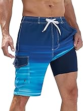 SILKWORLD Mens Swim Trunks with Compression Liner Quick-Dry 10" Stretch Beach Shorts