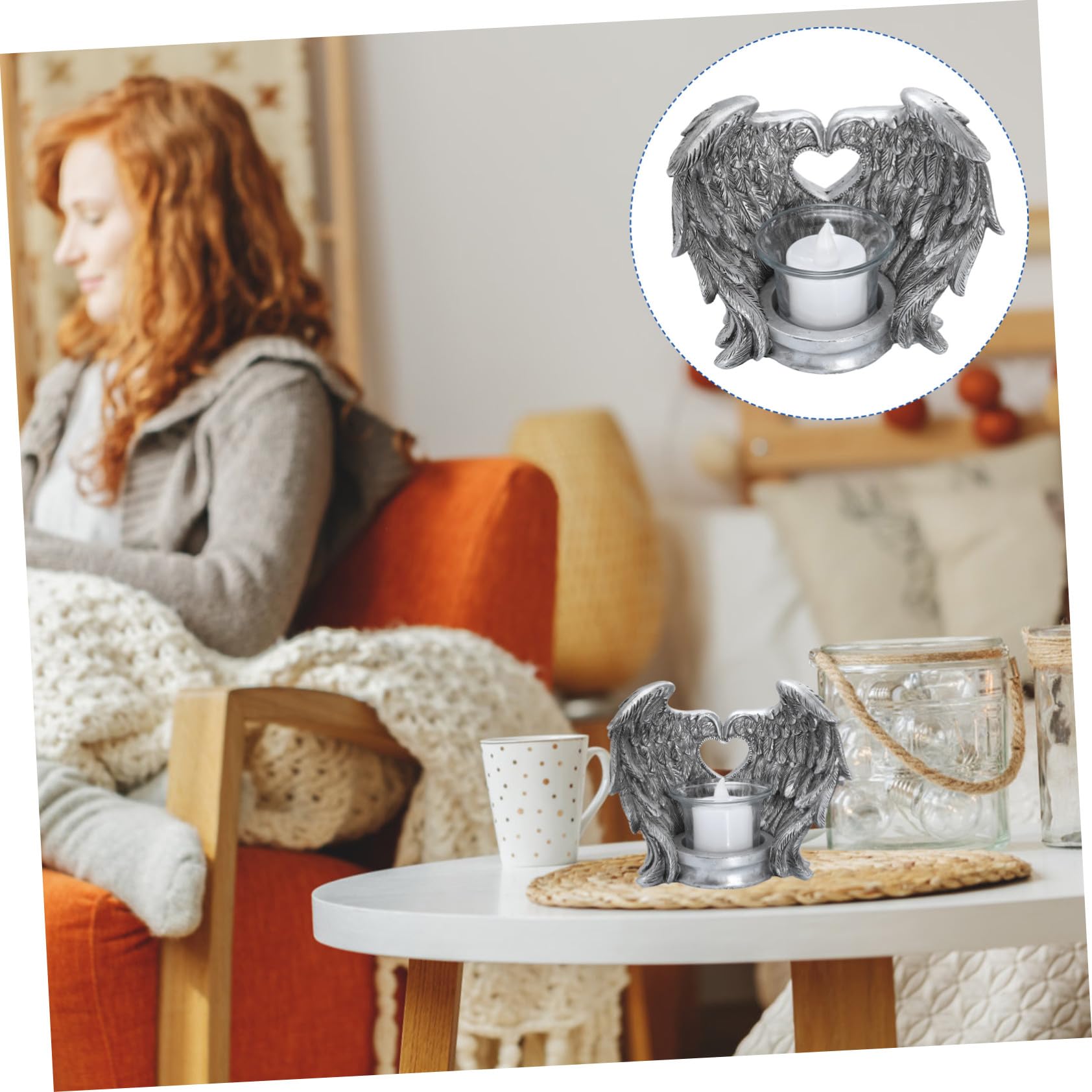 Harz Flügel Kerzenständer 1 Satz mit Glasbecher in Silber