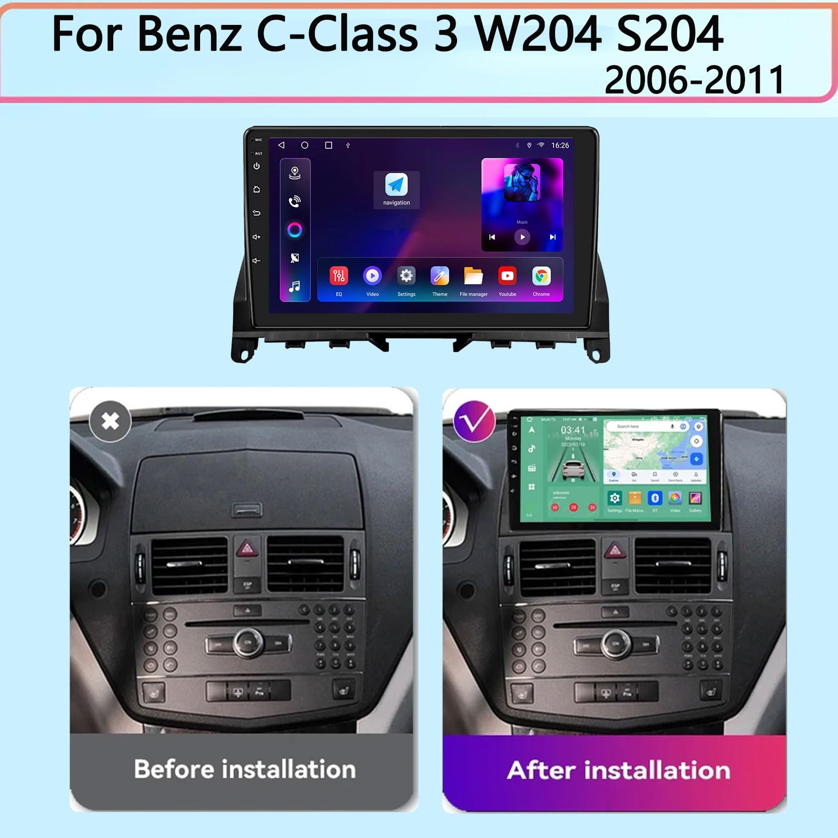 Radio samochodowe stereo Double Din 20.6 cm, ekran dotykowy, radioodtwarzacz samochodowy do Benz klasy C 3 W204 S204 2006-2011 z Carplay i Android Auto, odtwarzacz MP5 Bluetooth, obsługa SWC/Mirror