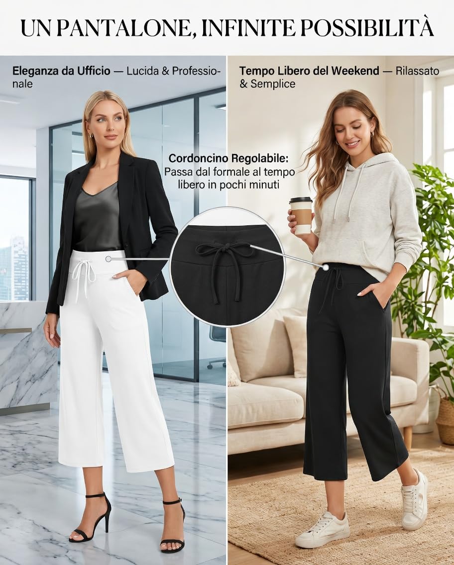 Pantaloni Capri Donna Yoga Vita Alta con Tasche, Pantaloni 3/4 Donna Estivi Elasticizzati A Gamba Larga con Coulisse, Pinocchietti Casual Leggeri per Fitness Passeggiata