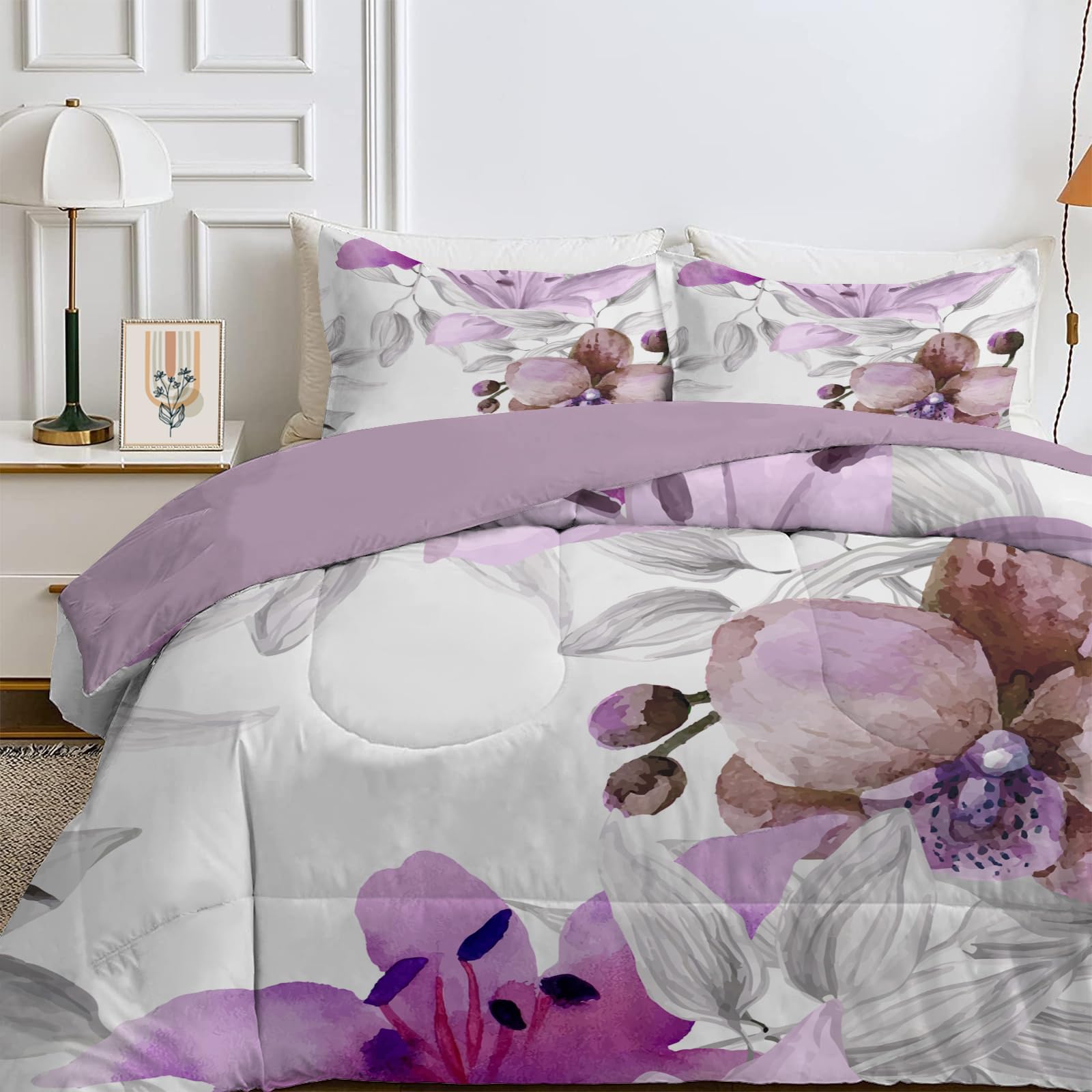 Qiwagu White Queen Size Duvet, Quilt 7.5 Tog for Summer & Autumn, Reversible Coverless Duvet with Purple Flowers Pattern, Lightweight Soft Comforter with 2 Pillowcases, 228x228cm, Machine Washable