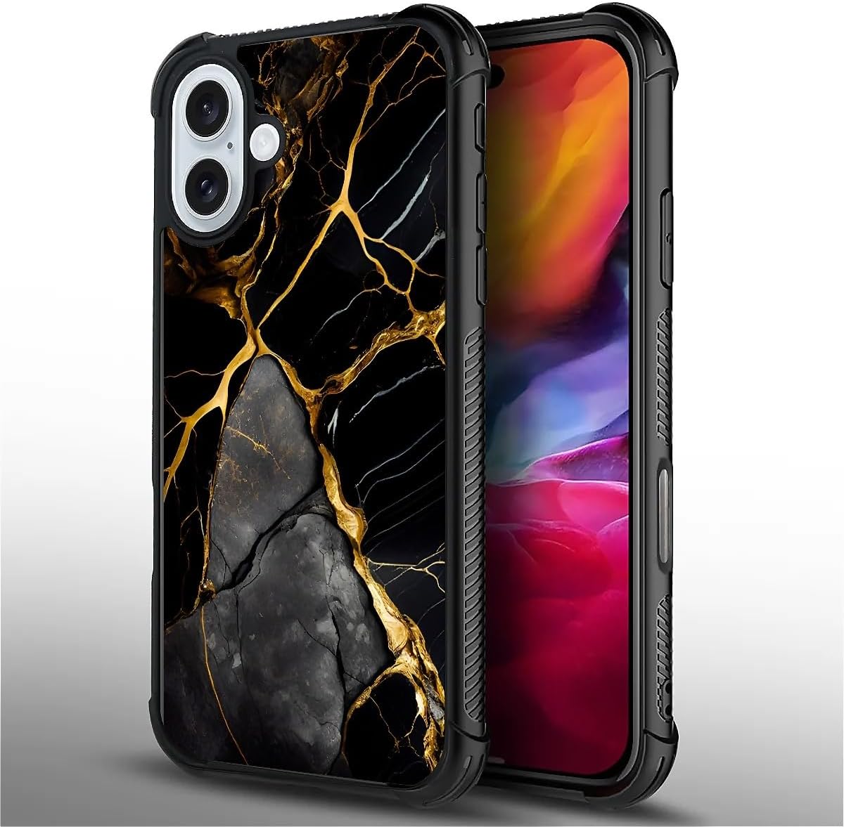 DJSOK Compatible with iPhone 16 Case,Design Pattern Back Bumper Anti Scratch Reinforced Corners Soft TPU Caver,Cases for Men Women-Luxury Black Gold Marble - Image 2