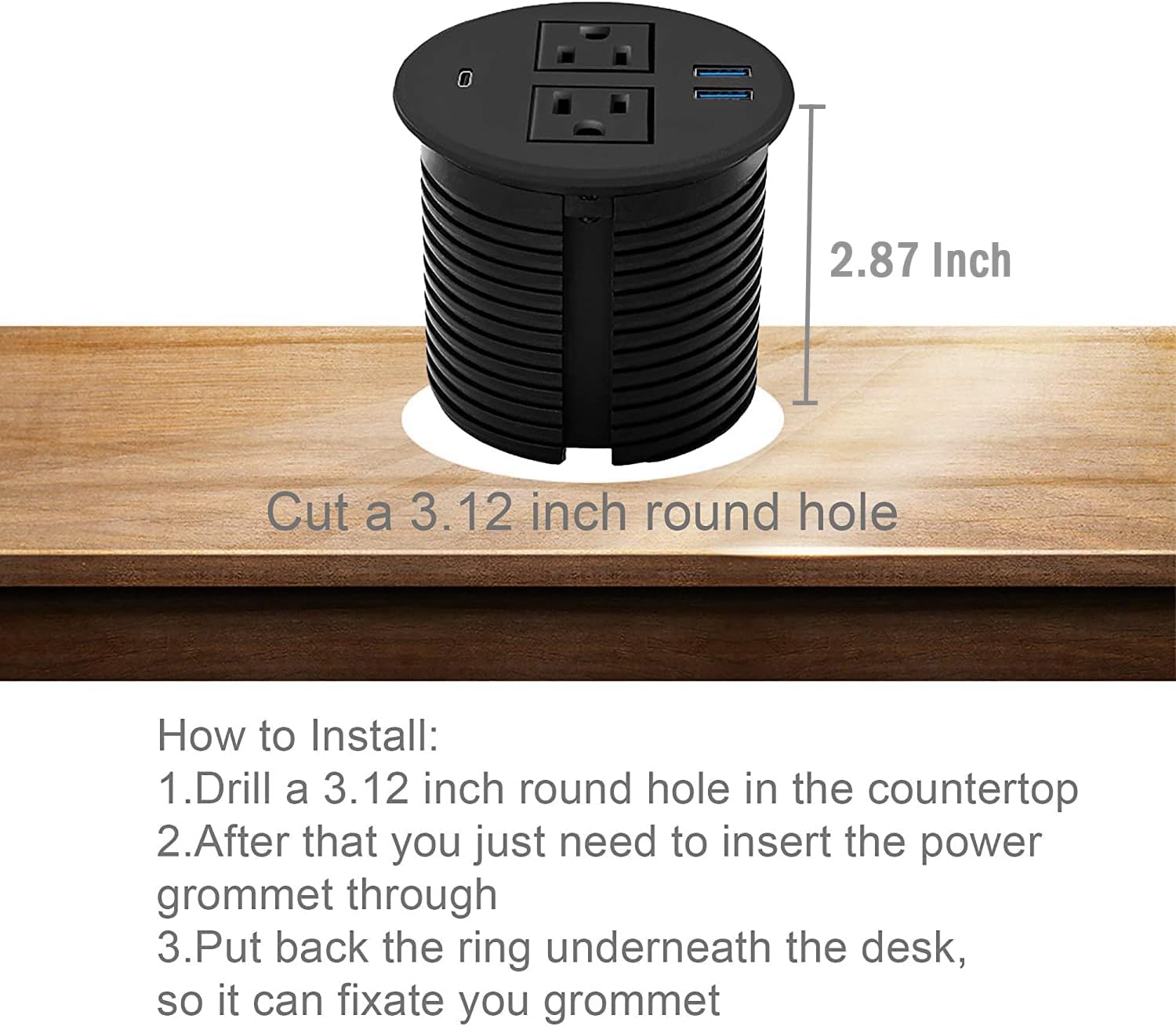 Kungfuking Desktop Power Grommet with USB C and 3-1/8"(80mm) Hole Saw, 1 1/3 inch Cutting Depth, 3.15 Hole Saw