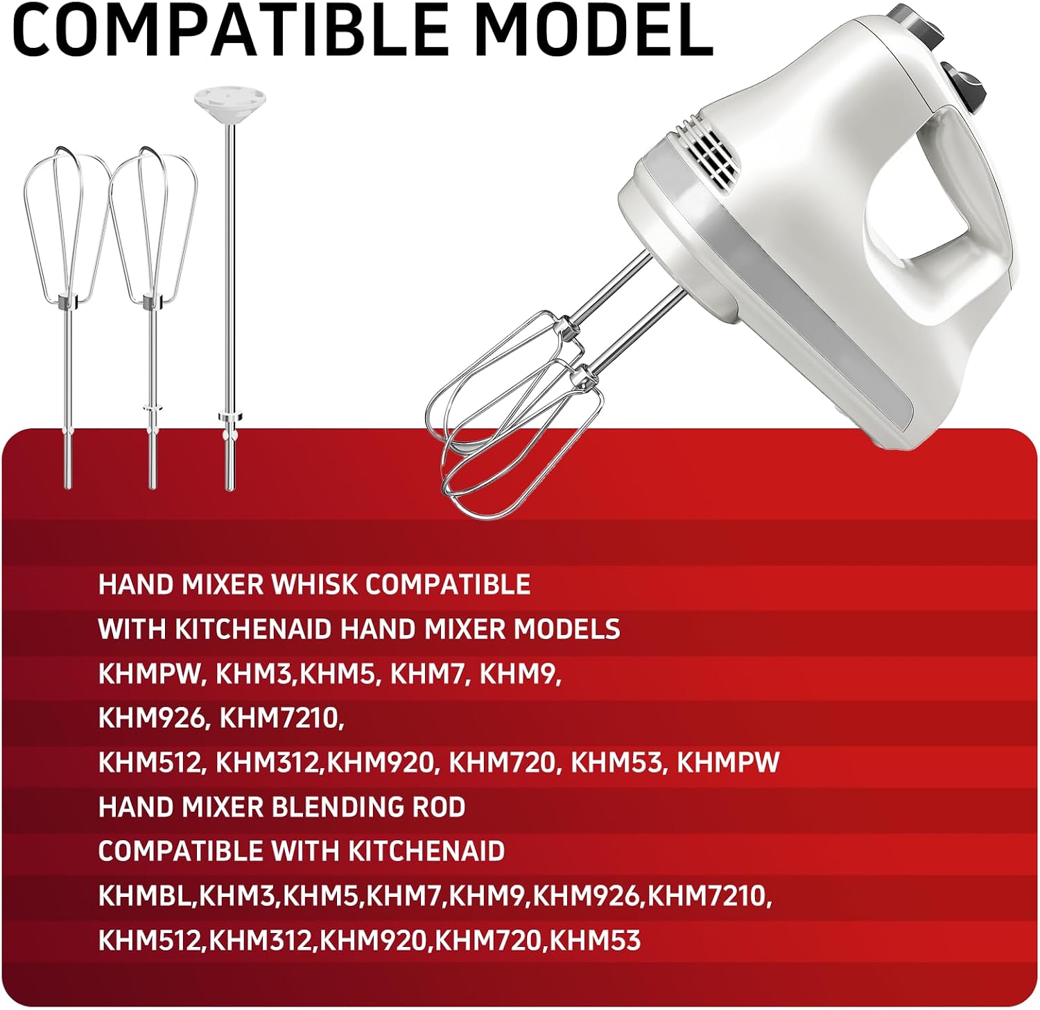 Hand Mixer Attachments Beater 6Pcs, Whisk, Blending Rod and Dough Hooks, Stainless Steel Hand Mixer Accessories for Kitchenaid Hand Mixers KHM3 KHM5 KHM7 KHM9, Dishwasher Safe