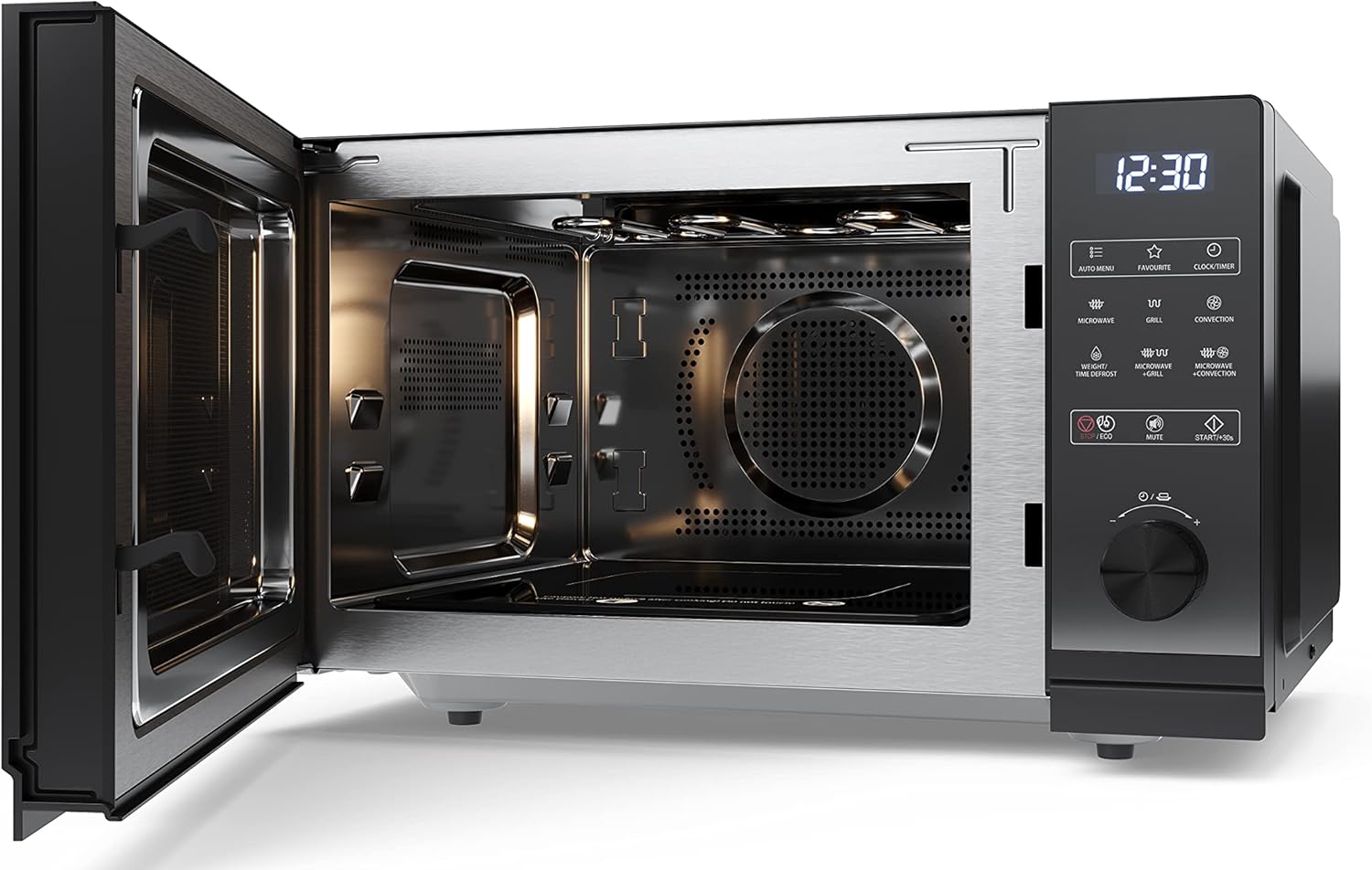 Дохилӣ view of the Sharp YC-GC52BEB Combination Microwave Oven with door open