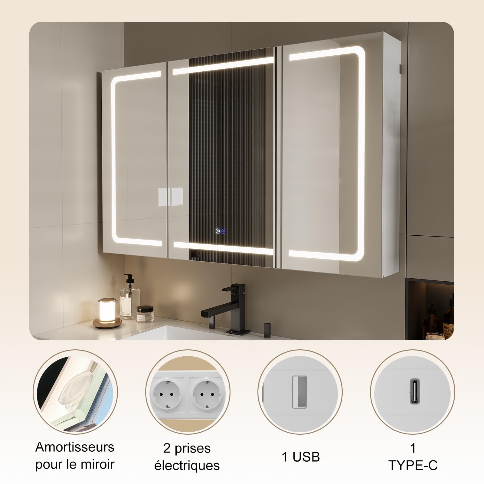 TRIUMPHKEY Armoire de Toilette avec Éclairage, 120 x 75 cm, Design Pliant 3 Panneaux, LED Dimmable, Charnières à Fermeture Douce, Anti-Buée, Prises Intégrées & USB, 5 Niveaux de Rangement