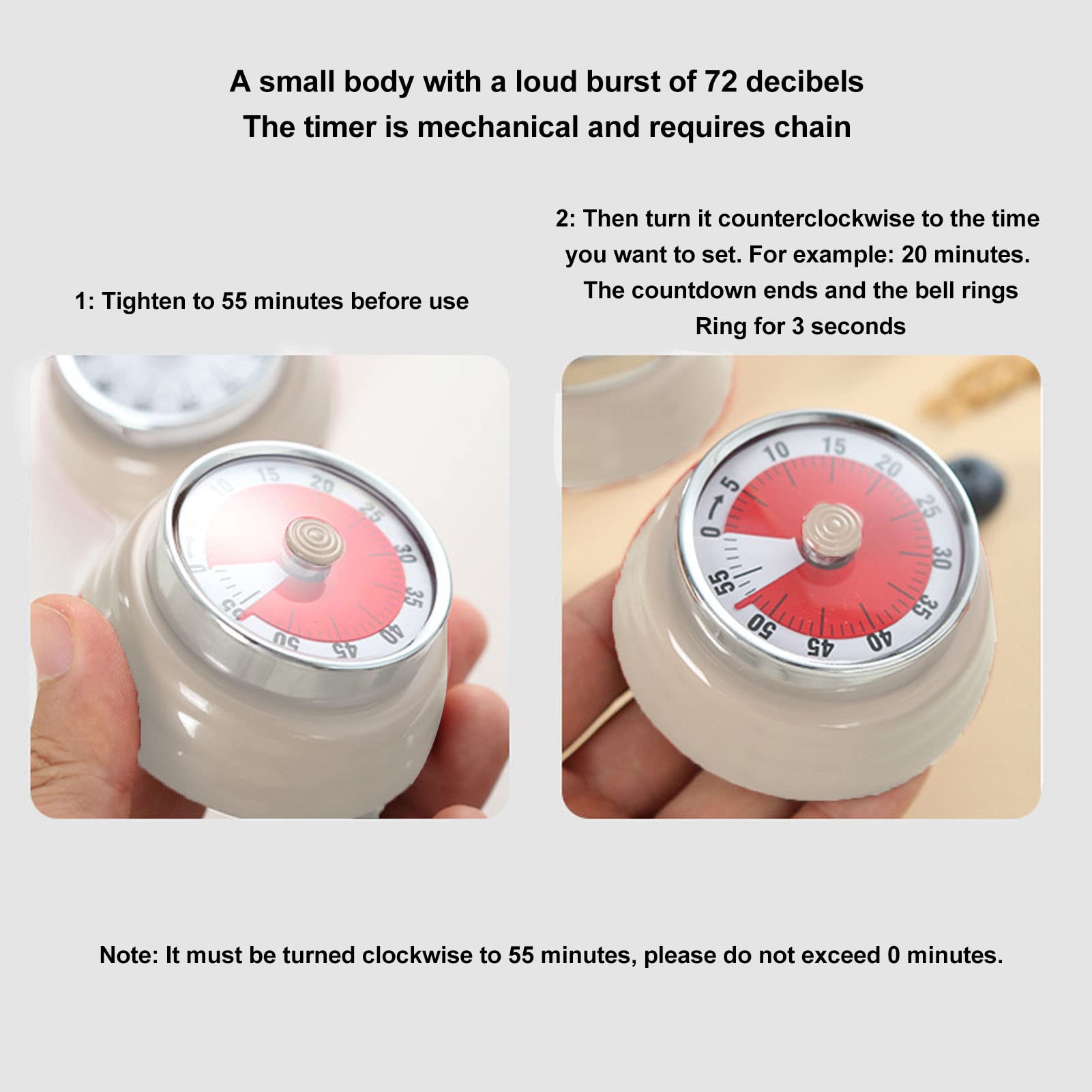 Timer Da Cucina Meccanico 60 Minuti - Visivo Con Area Rossa, Magnetico, Senza Batterie - Per Cucina, Palestra, Studio