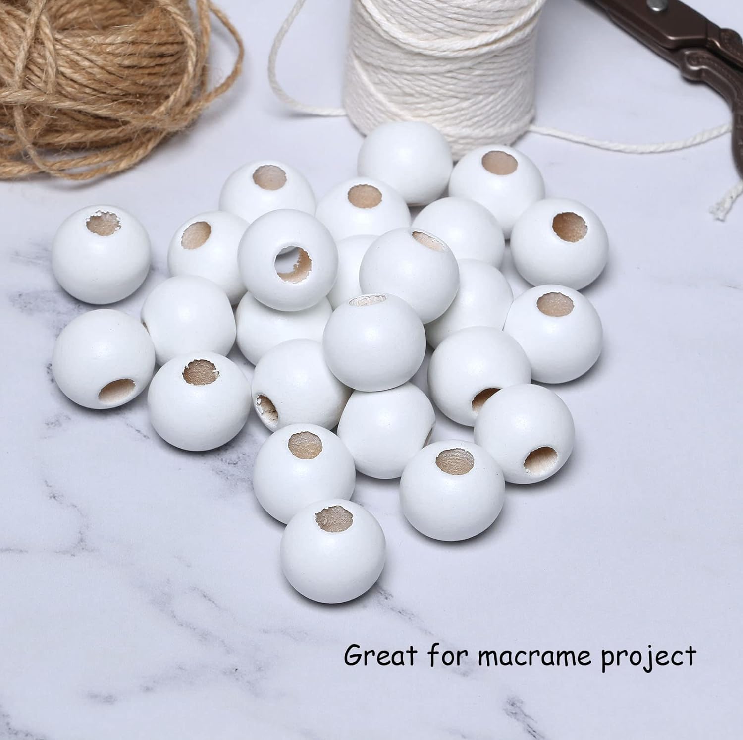 20mm White Wood Beads, Wooden Macrame Beads Large Hole, 50pcs Wooden Loose Beads for Macrame Craft/Garlands/Home Decoration (8mm Hole) - Image 3